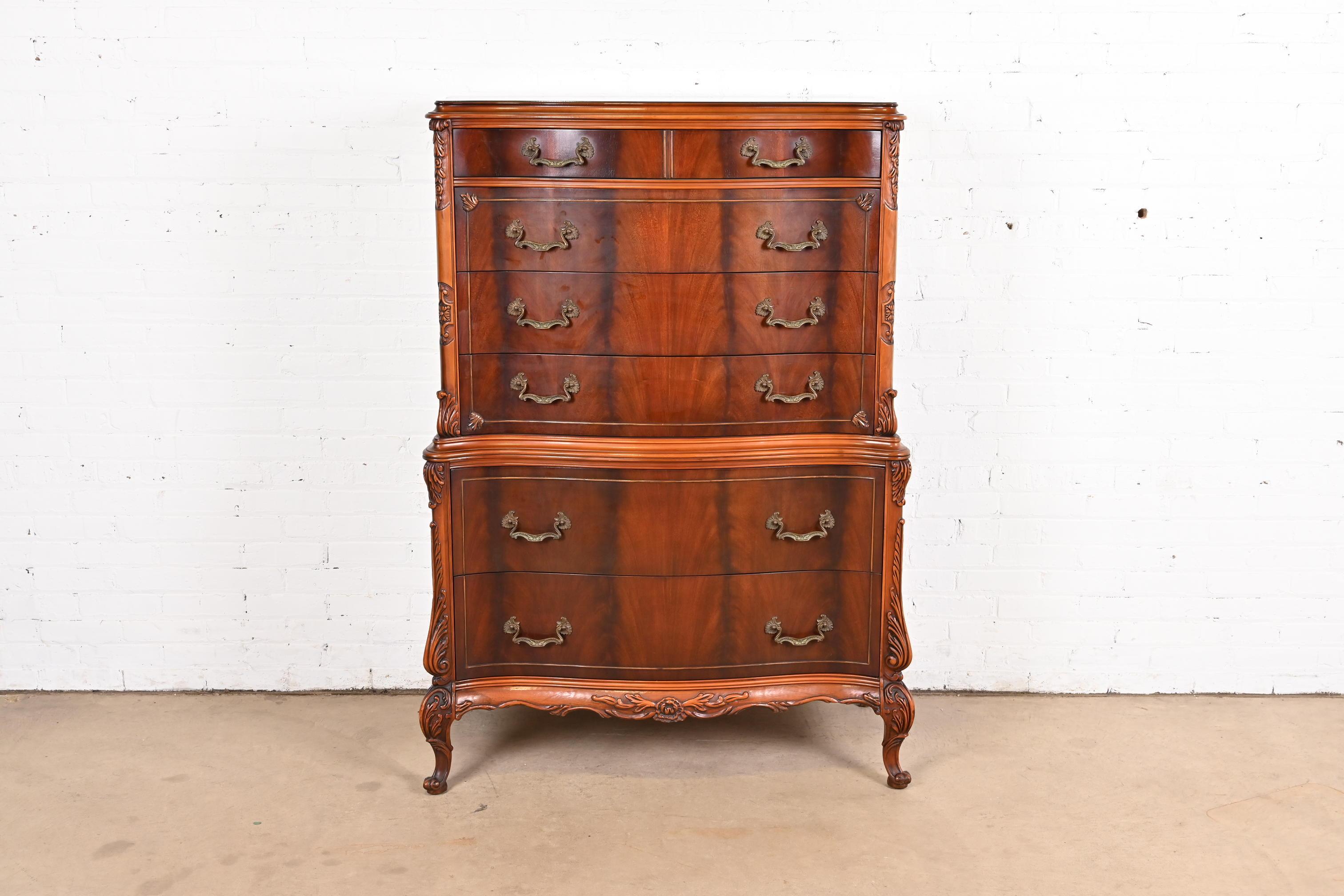 Romweber French Provincial Louis XV Flame Mahogany Highboy Dresser, Circa 1920s In Good Condition In South Bend, IN