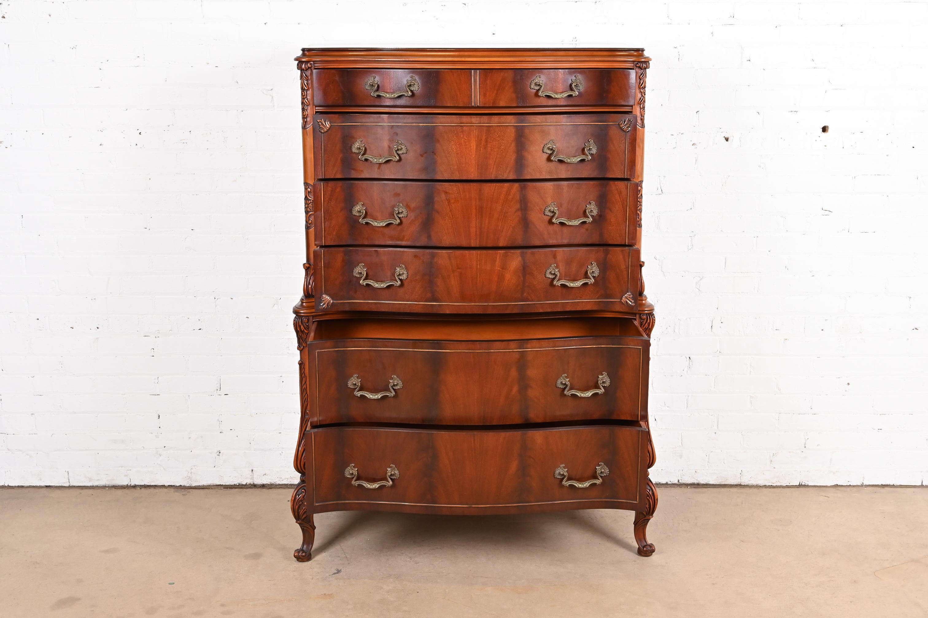 Early 20th Century Romweber French Provincial Louis XV Flame Mahogany Highboy Dresser, Circa 1920s