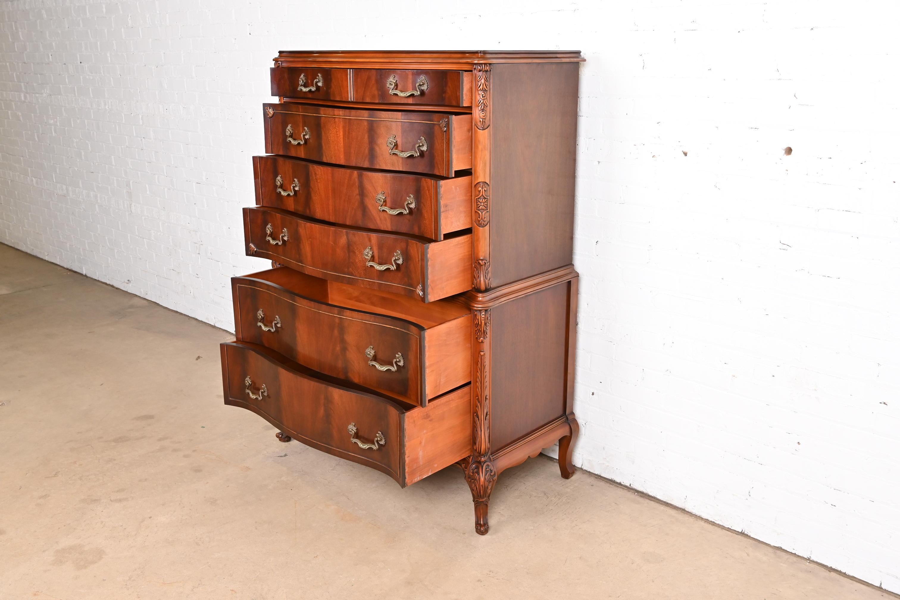Brass Romweber French Provincial Louis XV Flame Mahogany Highboy Dresser, Circa 1920s
