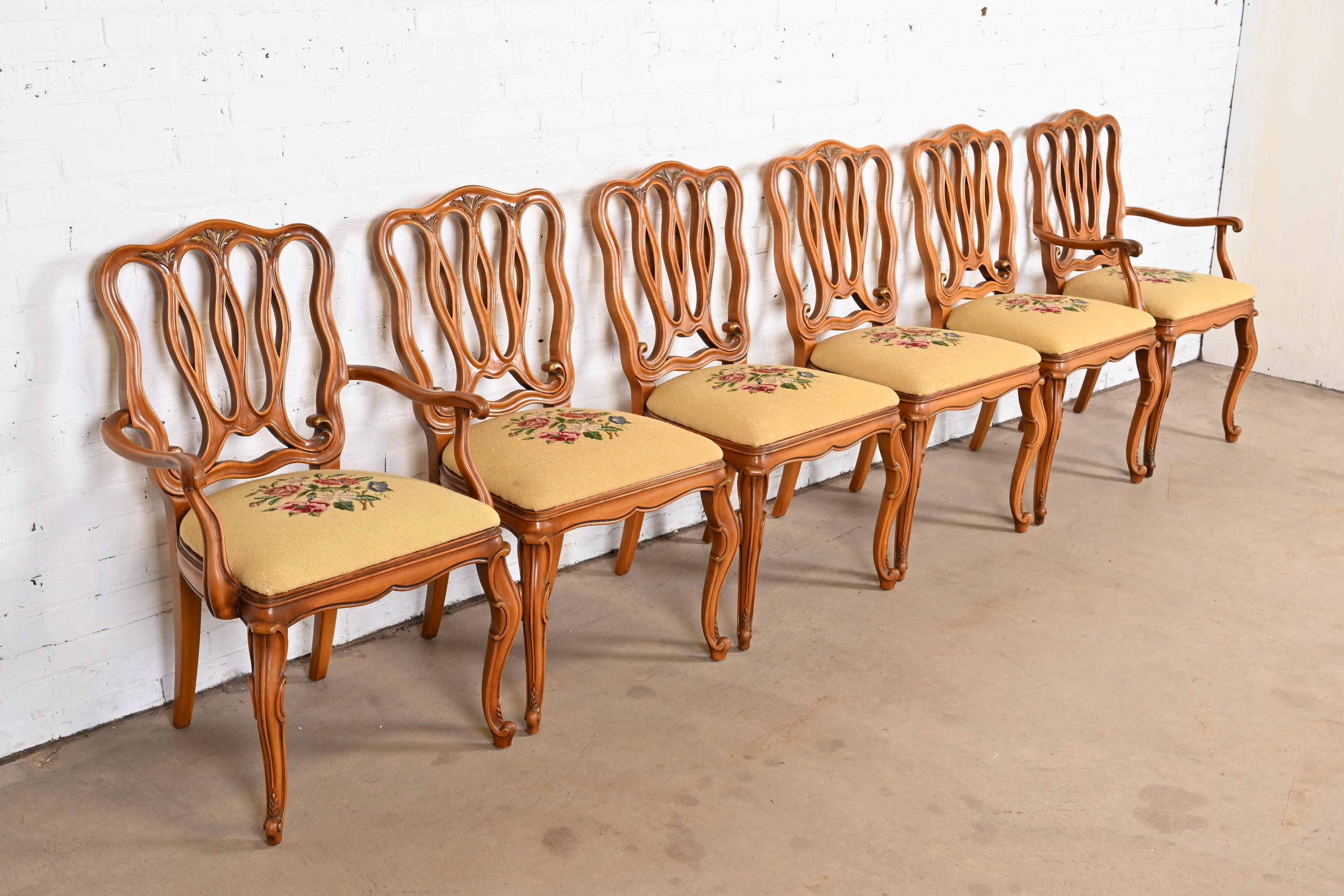 Upholstery Romweber French Provincial Louis XV Fruitwood Dining Chairs, Set of Six