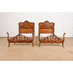 Romweber French Provincial Louis XV Ornate Carved Burl Wood Twin Beds, Pair