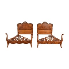Romweber French Provincial Louis XV Ornate Carved Burl Wood Twin Beds, Pair