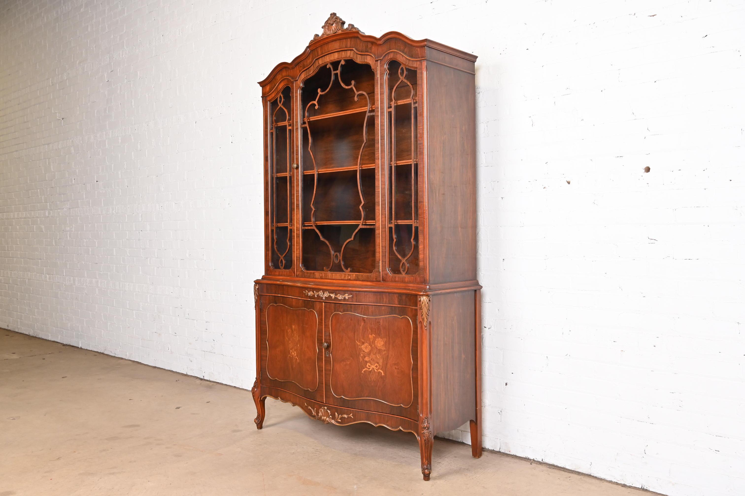 American Romweber French Provincial Louis XV Rosewood Breakfront Bookcase Cabinet, Circa 