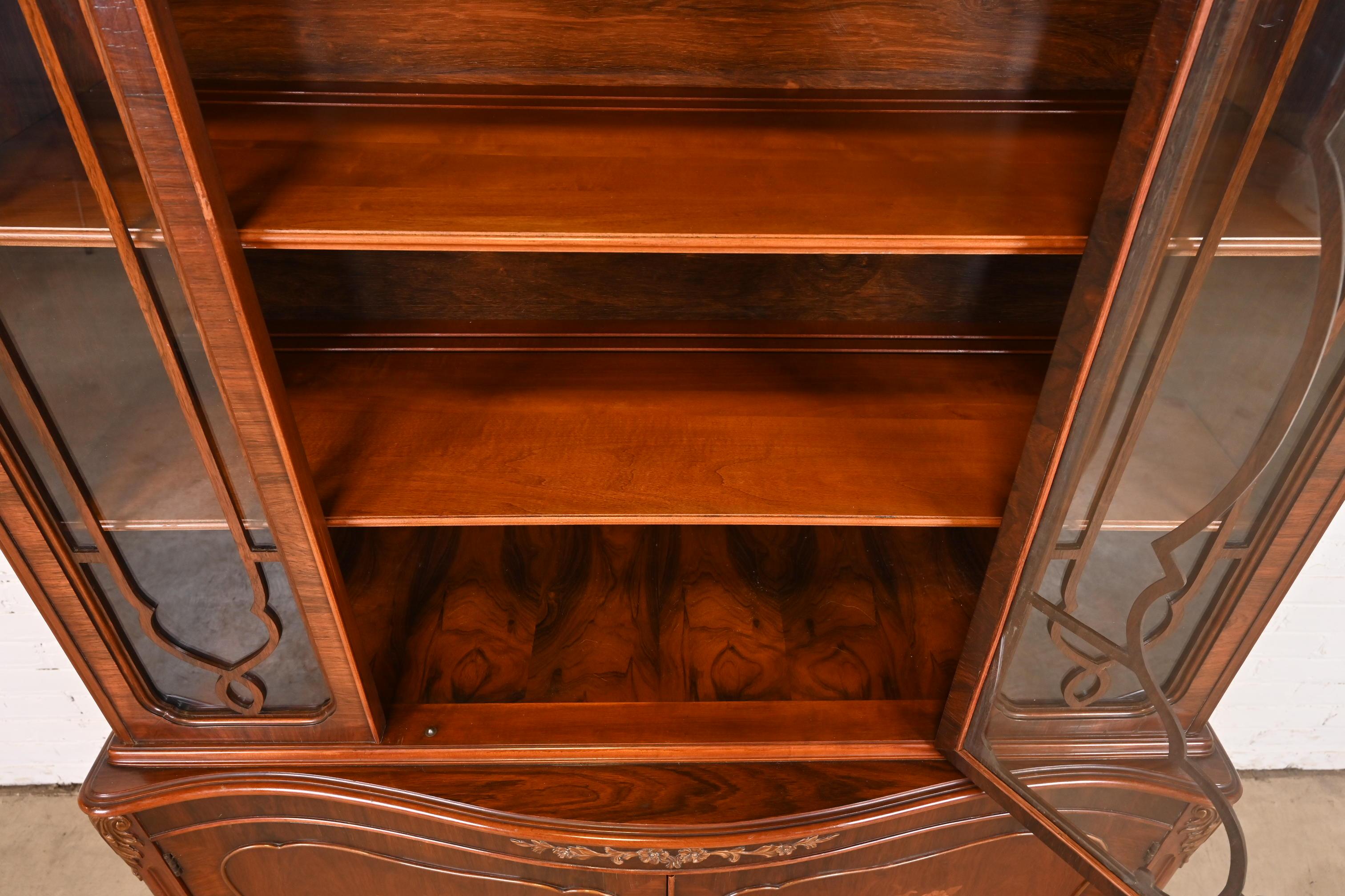 Romweber French Provincial Louis XV Rosewood Breakfront Bookcase Cabinet, Circa  2