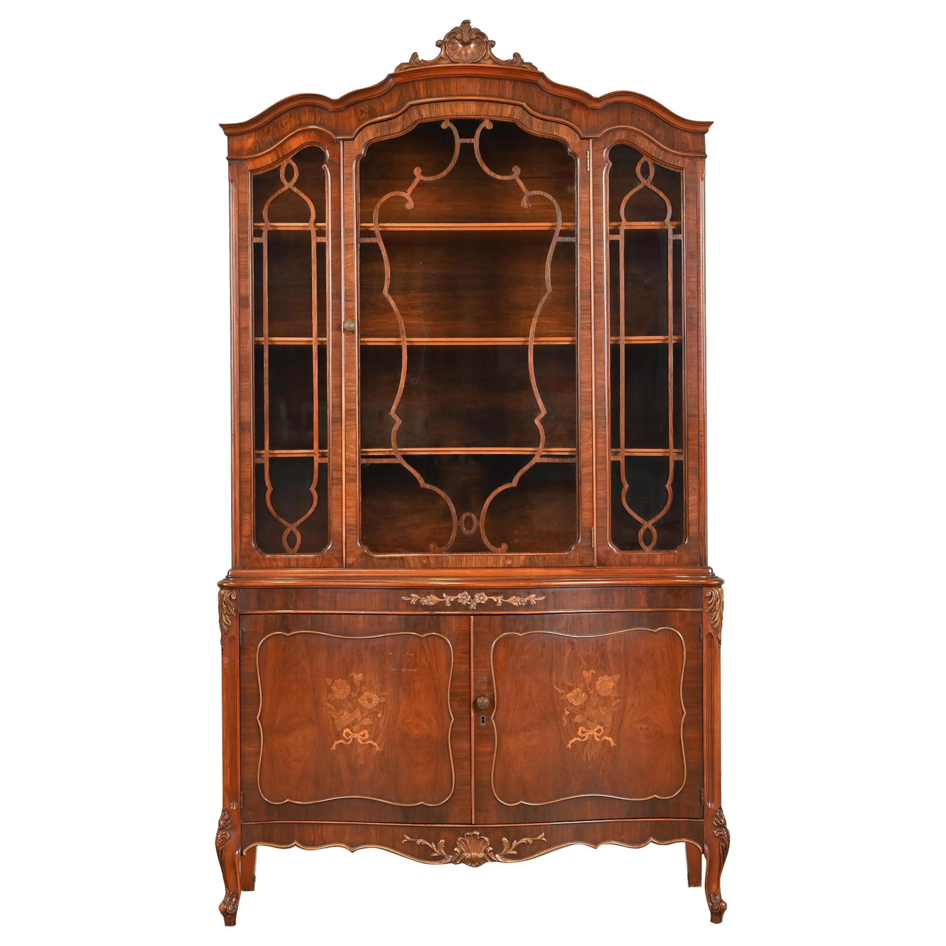 Romweber French Provincial Louis XV Rosewood Breakfront Bookcase Cabinet, Circa