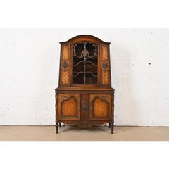 Romweber French Regency Louis XVI Burled Walnut Breakfront Bookcase Cabinet