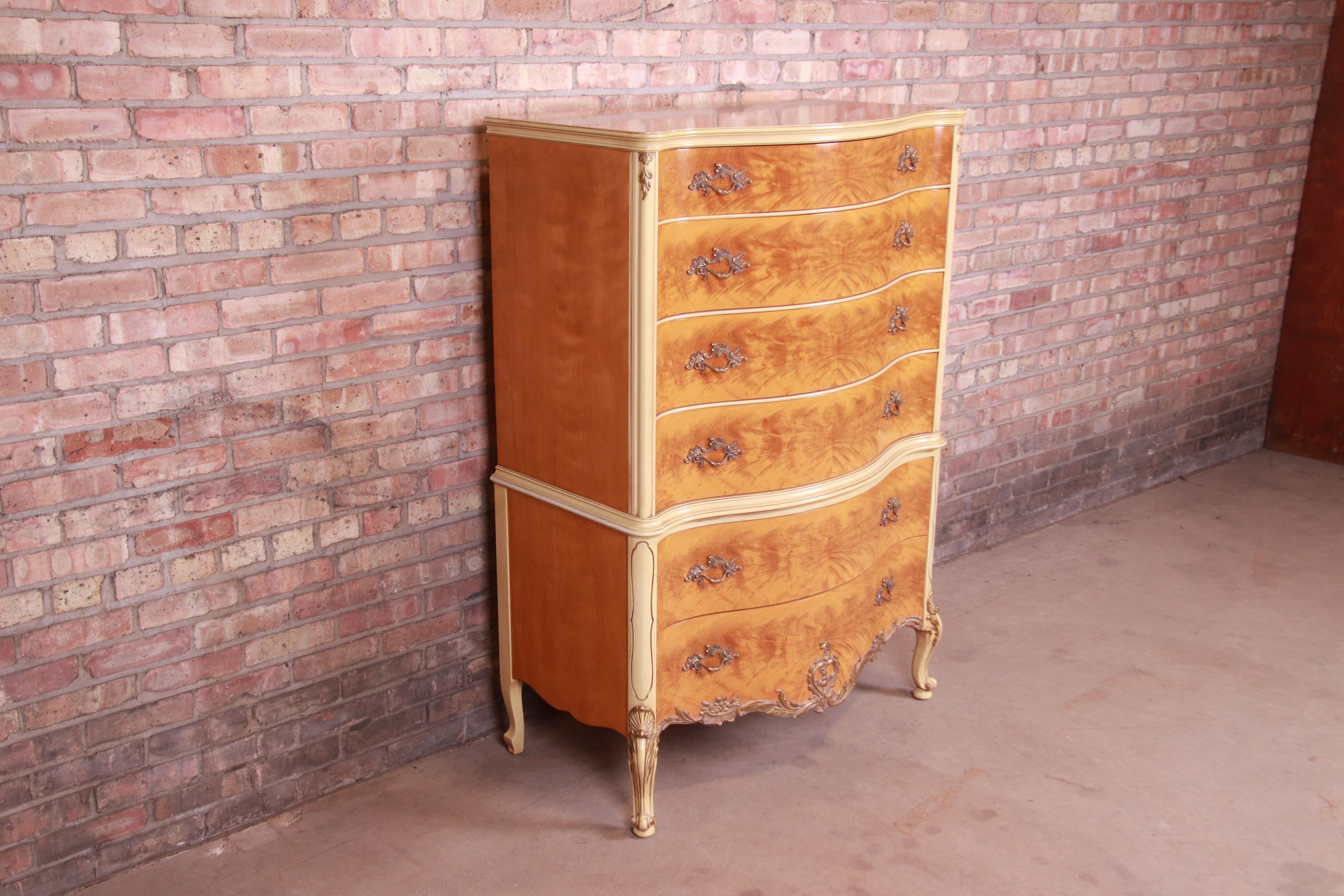 Romweber French Rococo Louis XV Burl Wood Highboy Dresser, Circa 1930s In Good Condition In South Bend, IN