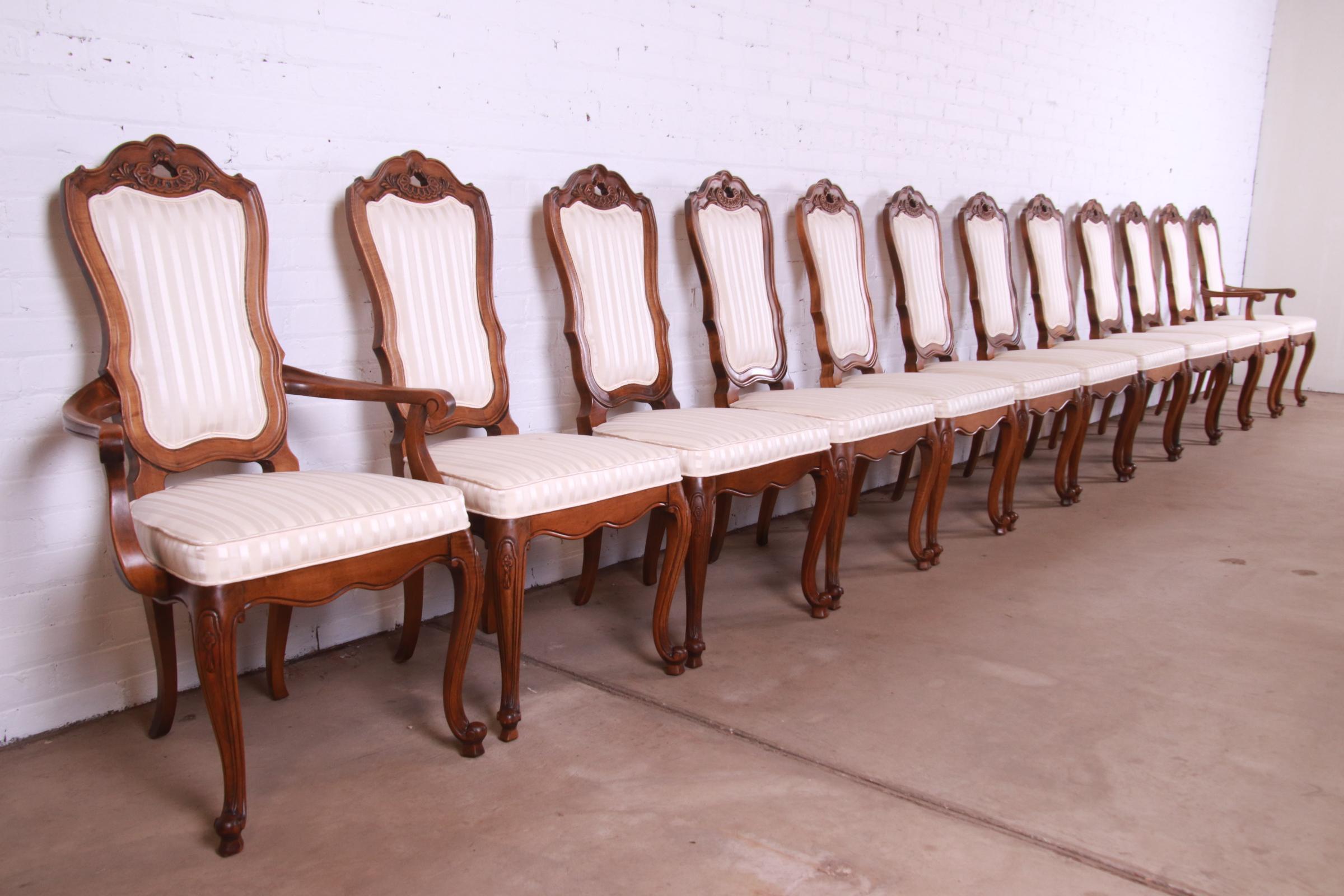 20th Century Romweber French Rococo Louis XV Carved Walnut Dining Chairs, Set of Twelve