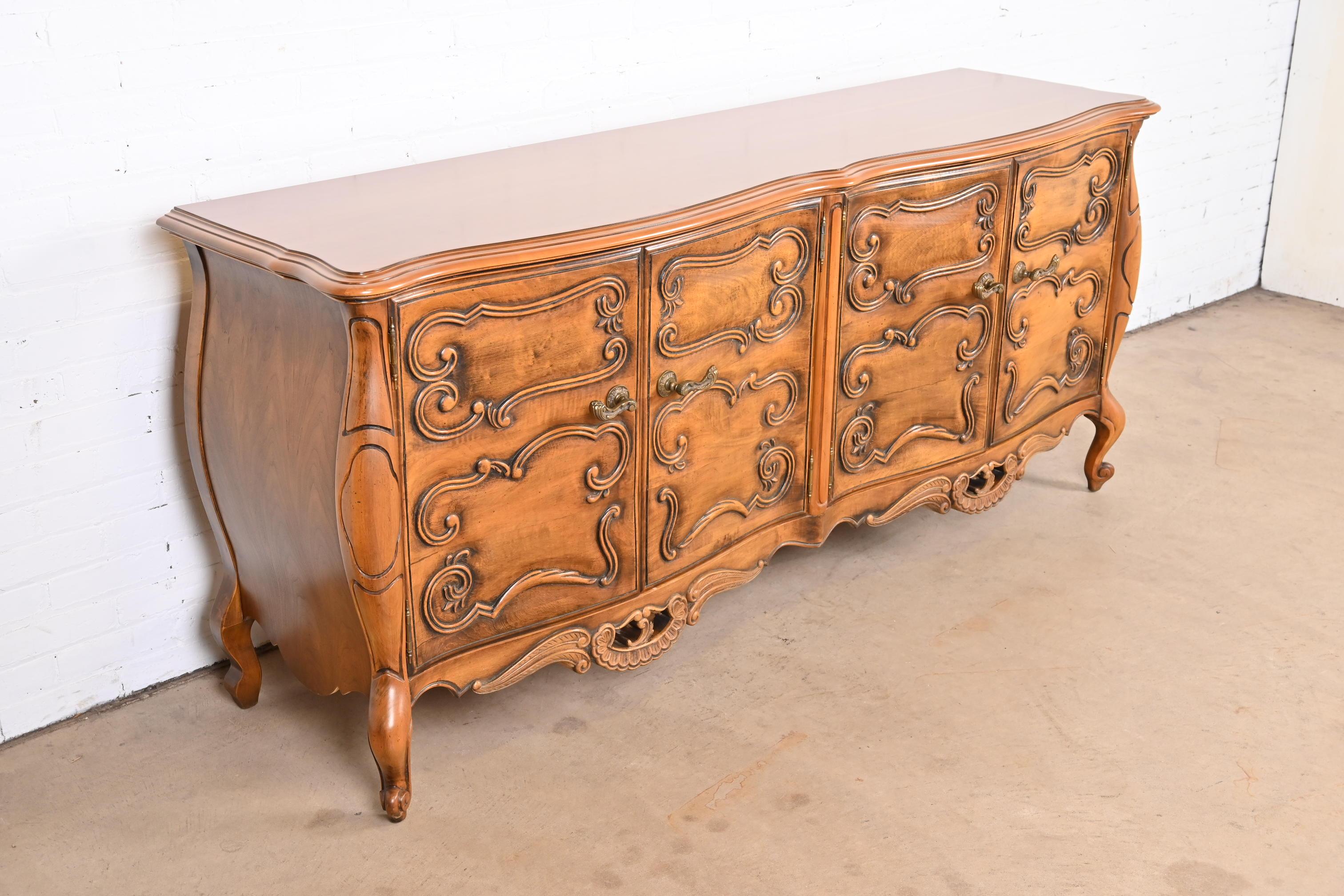 Brass Romweber French Rococo Louis XV Carved Walnut Sideboard or Credenza For Sale