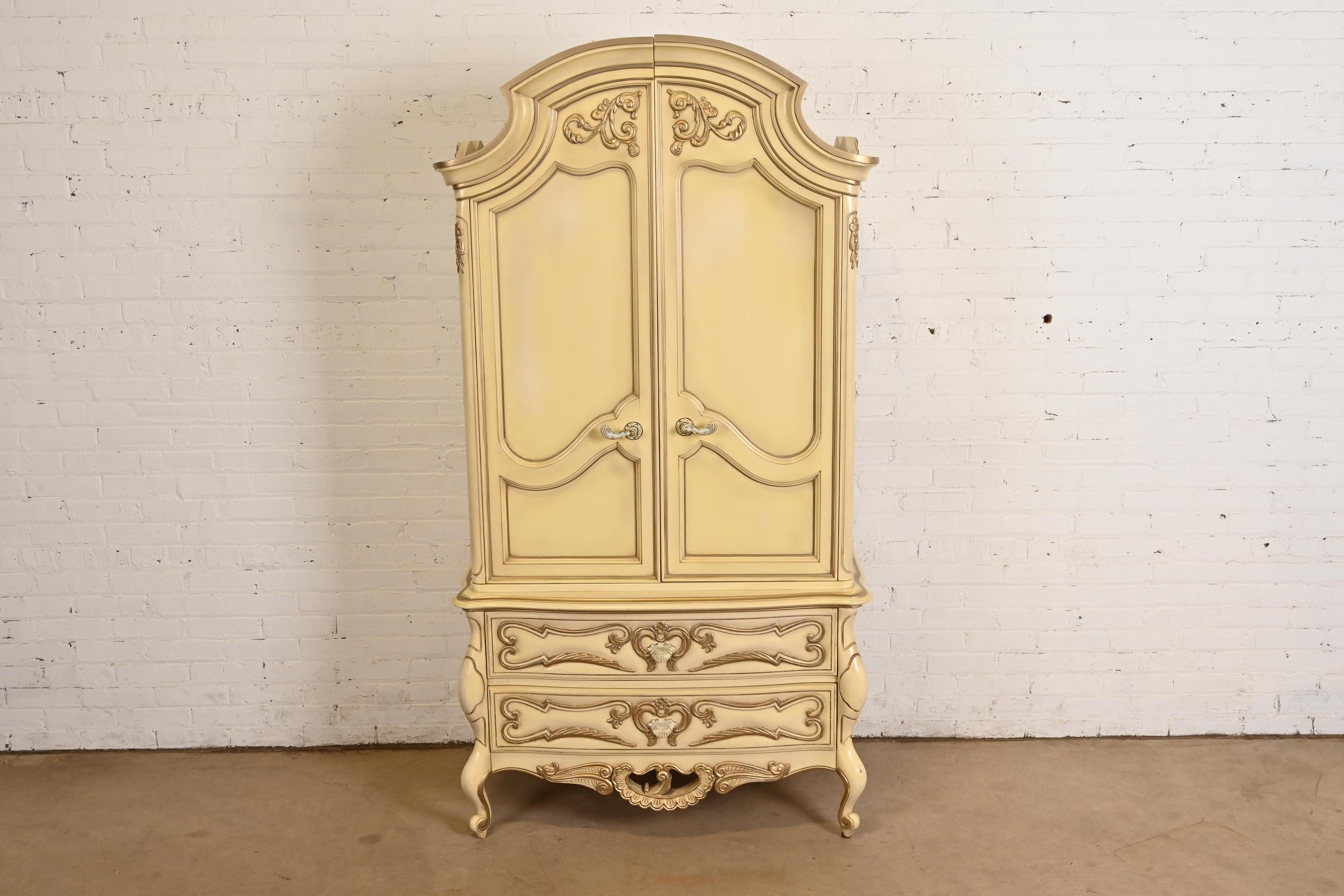 French Provincial Romweber French Rococo Louis XV Cream Lacquered Armoire Dresser, Circa 1960s For Sale