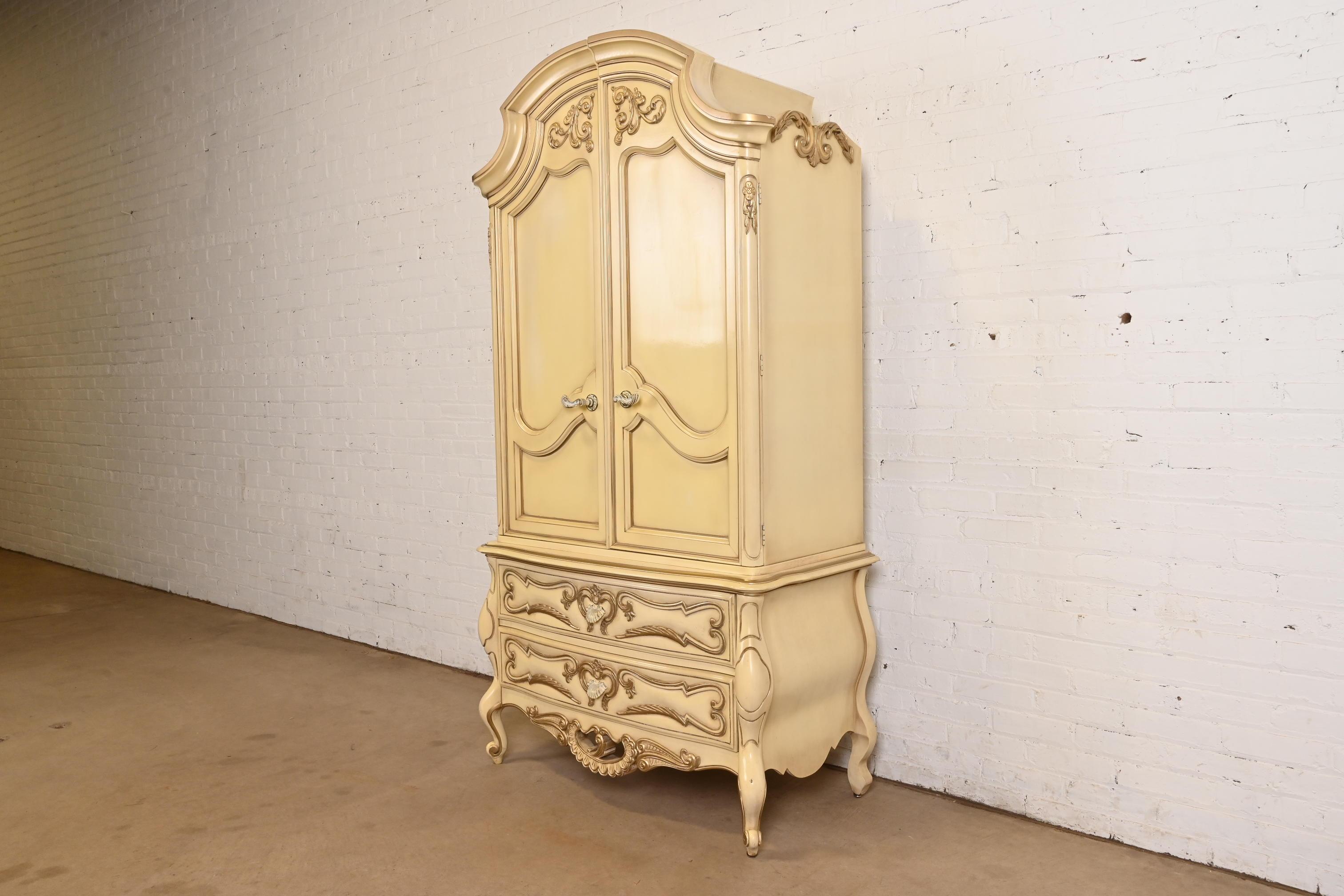 American Romweber French Rococo Louis XV Cream Lacquered Armoire Dresser, Circa 1960s For Sale