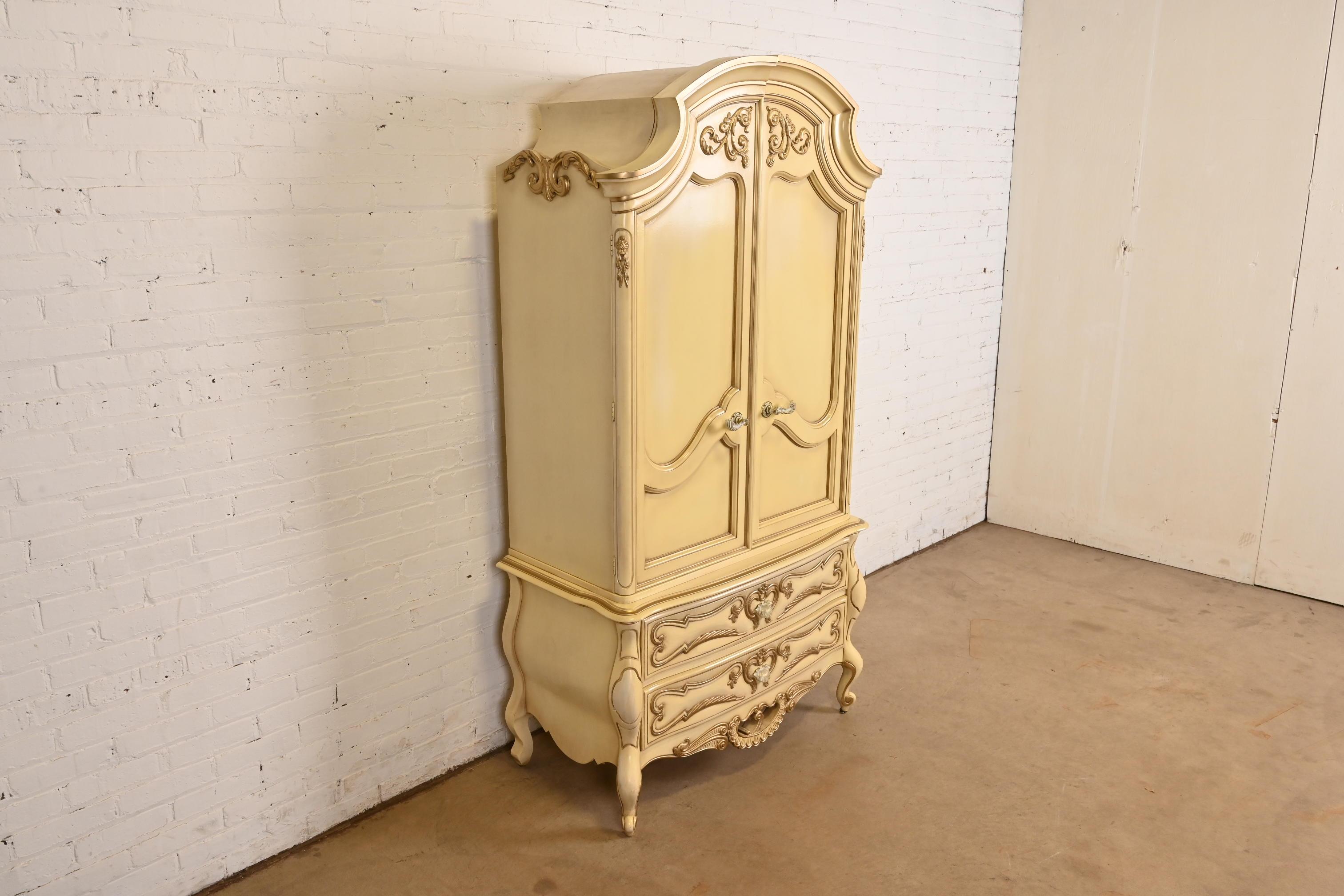Romweber French Rococo Louis XV Cream Lacquered Armoire Dresser, Circa 1960s In Good Condition For Sale In South Bend, IN
