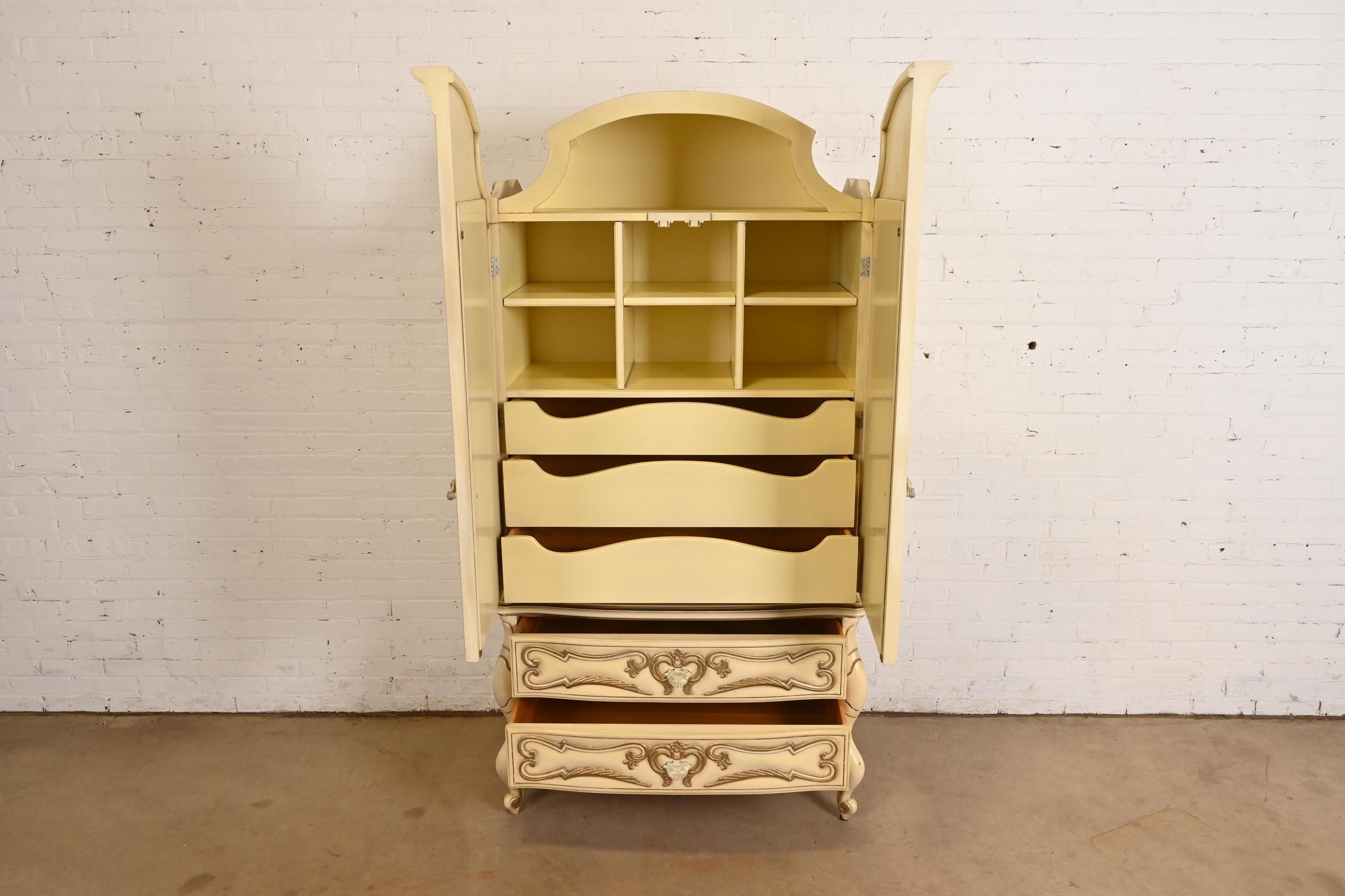 Mid-20th Century Romweber French Rococo Louis XV Cream Lacquered Armoire Dresser, Circa 1960s For Sale