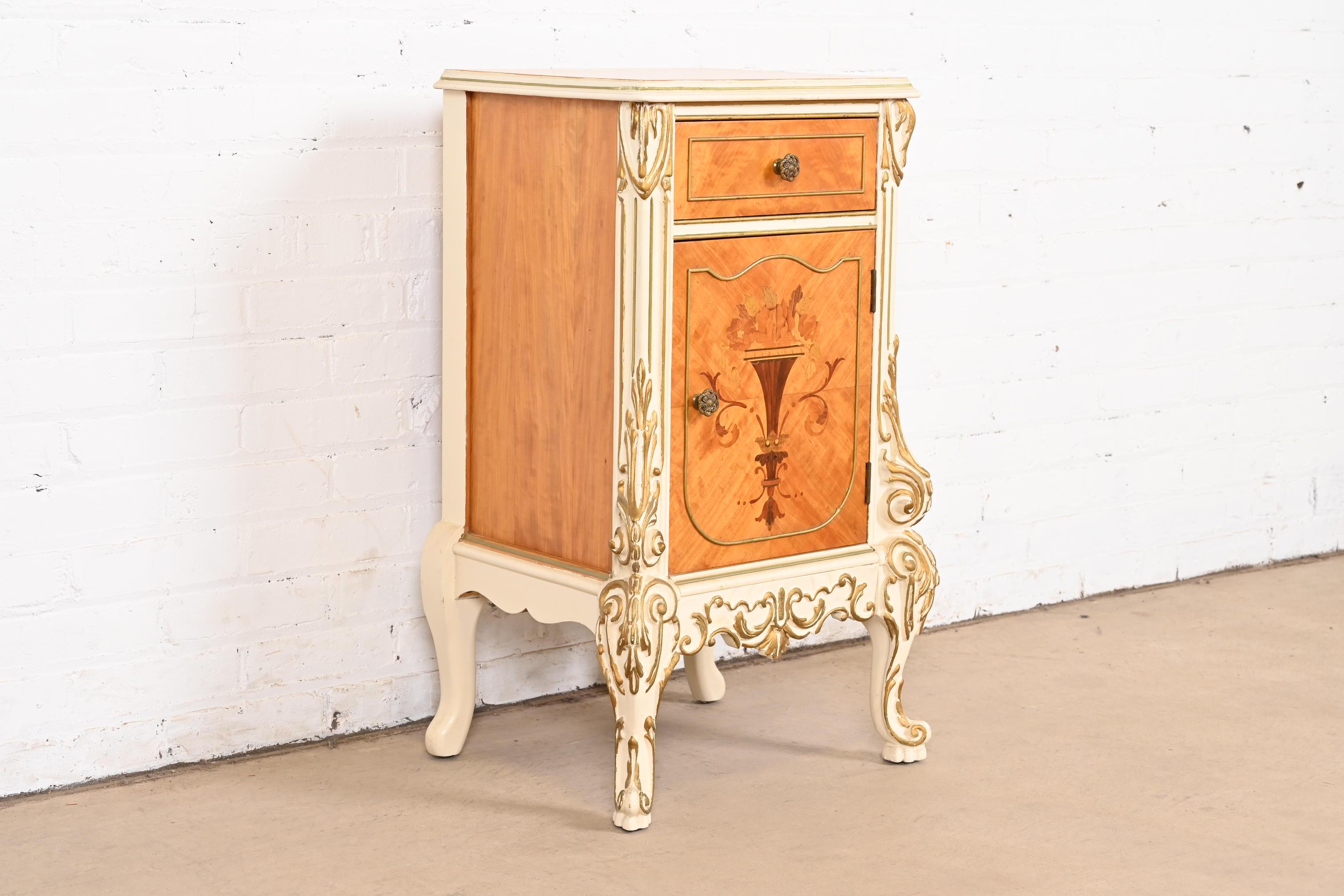 Brass Romweber French Rococo Louis XV Satinwood and Parcel Painted Nightstand, 1930s