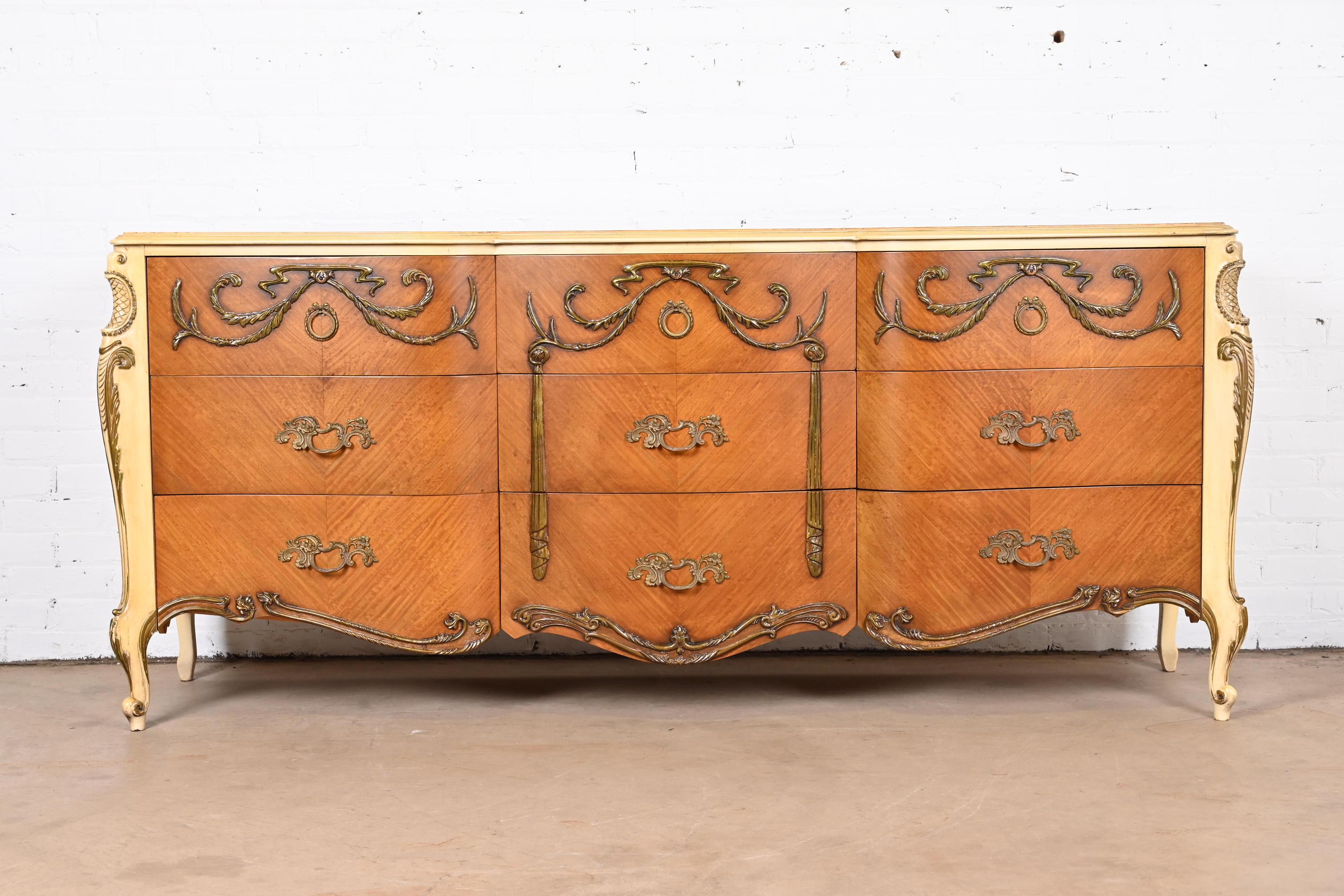 American Romweber French Rococo Louis XV Satinwood and Parcel Painted Triple Dresser For Sale
