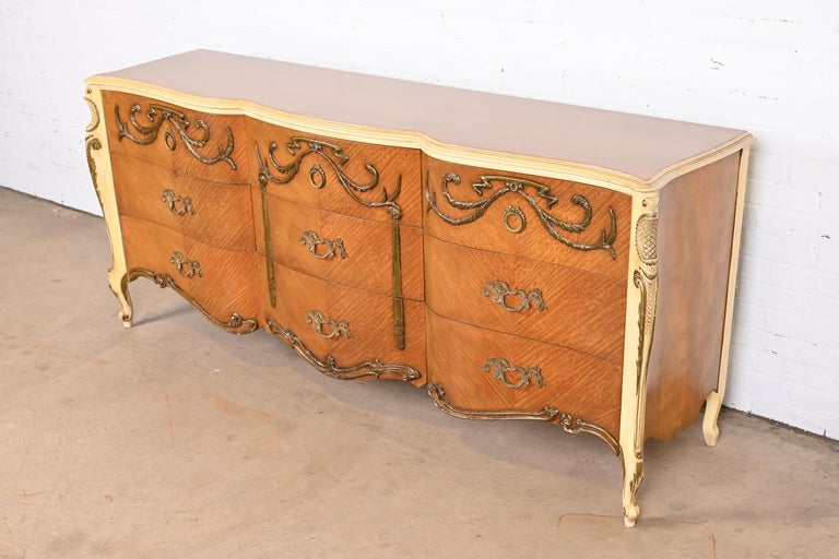 20th Century Romweber French Rococo Louis XV Satinwood and Parcel Painted Triple Dresser For Sale