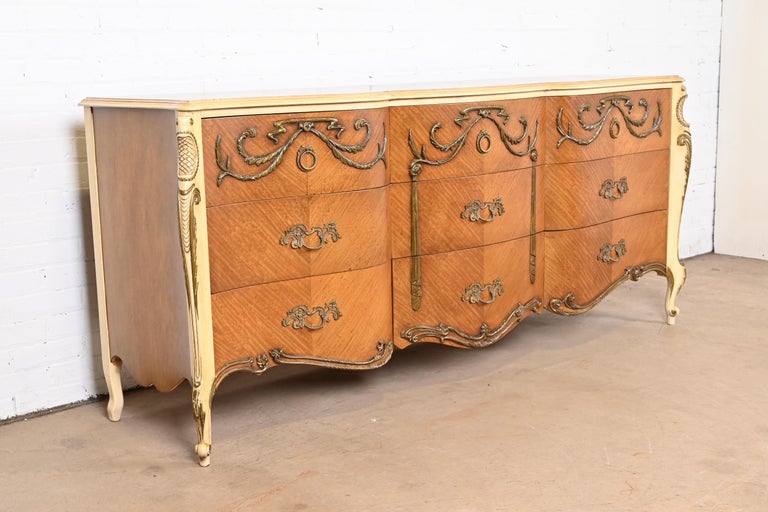 Brass Romweber French Rococo Louis XV Satinwood and Parcel Painted Triple Dresser For Sale