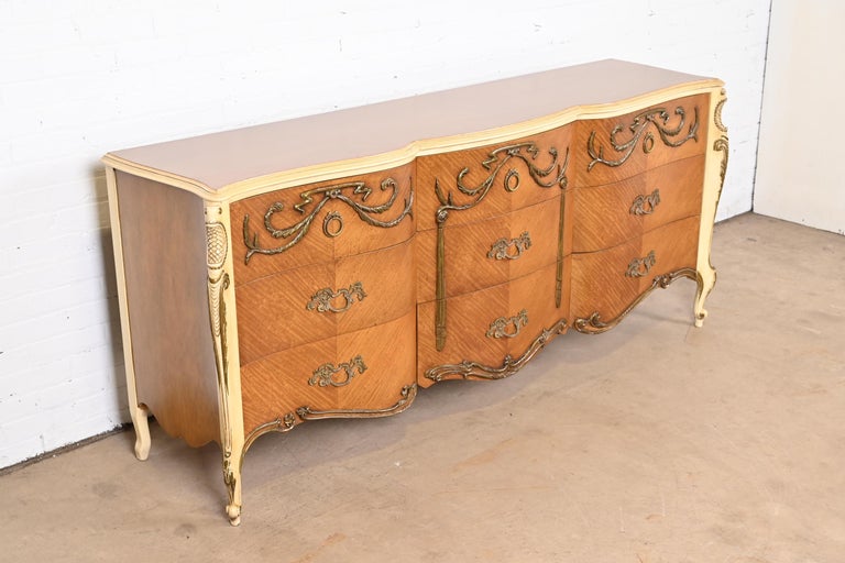 Romweber French Rococo Louis XV Satinwood and Parcel Painted Triple Dresser For Sale 1