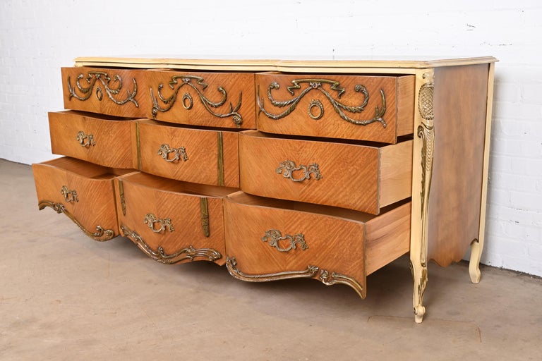 Romweber French Rococo Louis XV Satinwood and Parcel Painted Triple Dresser For Sale 2