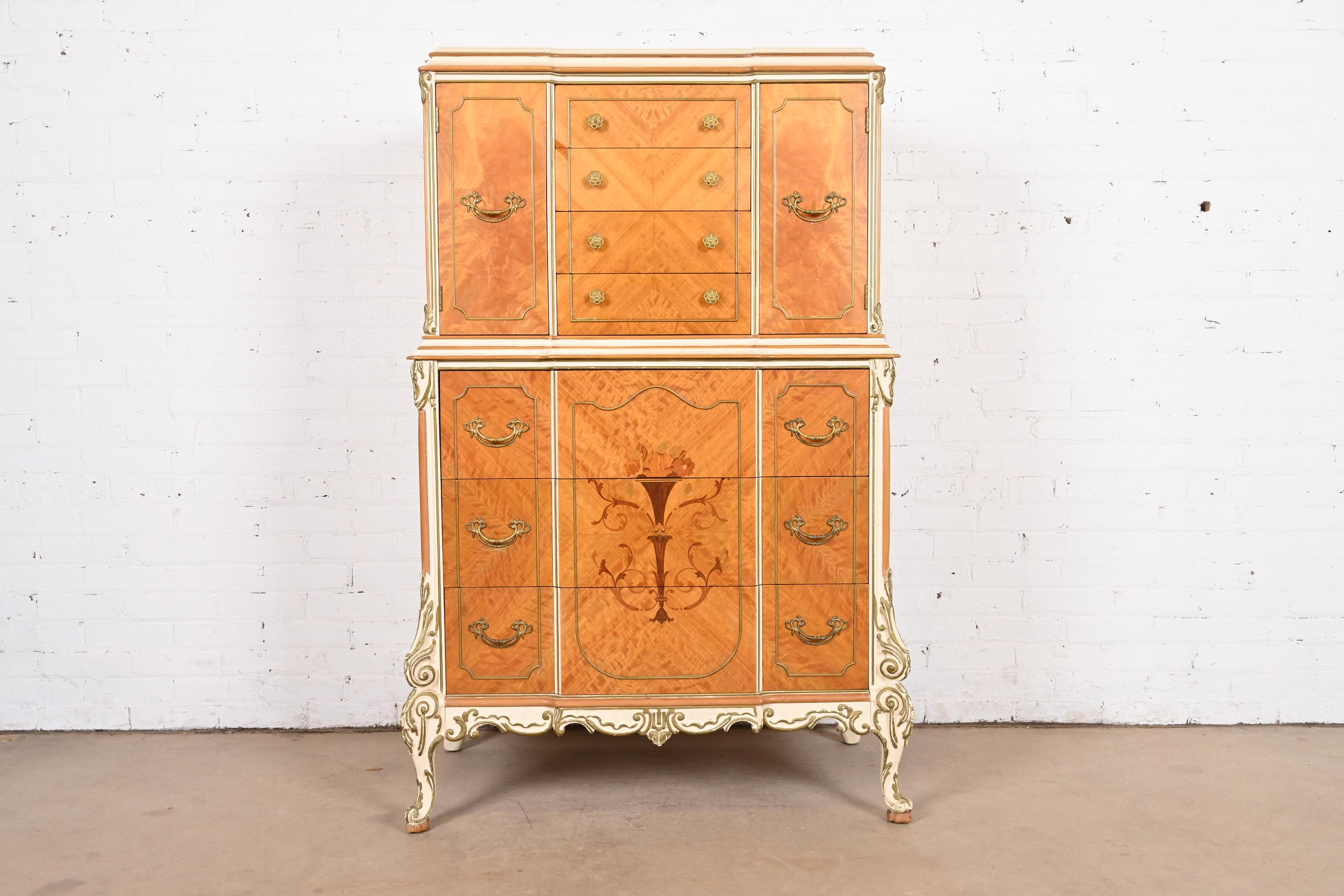American Romweber French Rococo Louis XV Satinwood Inlaid Marquetry Gentlemen's Chest For Sale