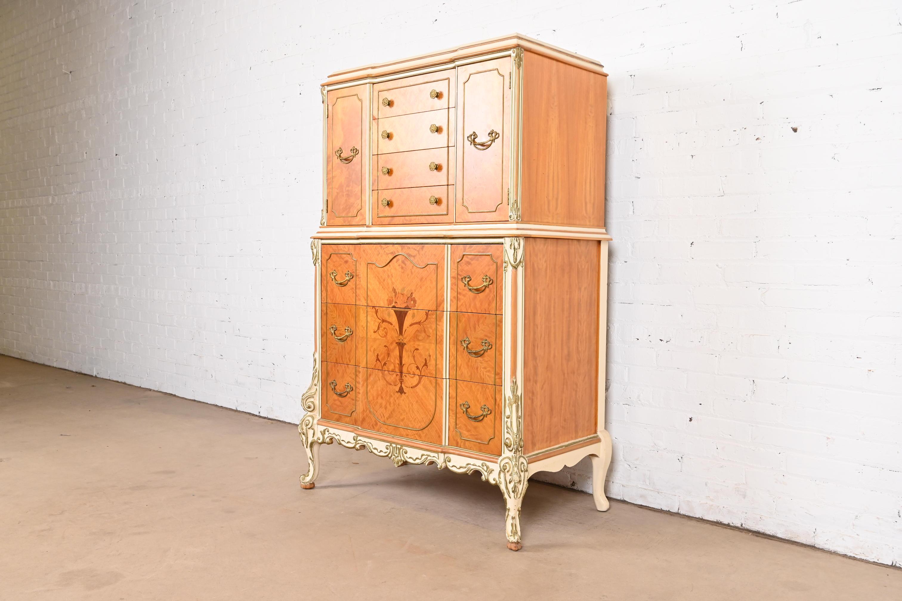 Romweber French Rococo Louis XV Satinwood Inlaid Marquetry Gentlemen's Chest In Good Condition For Sale In South Bend, IN