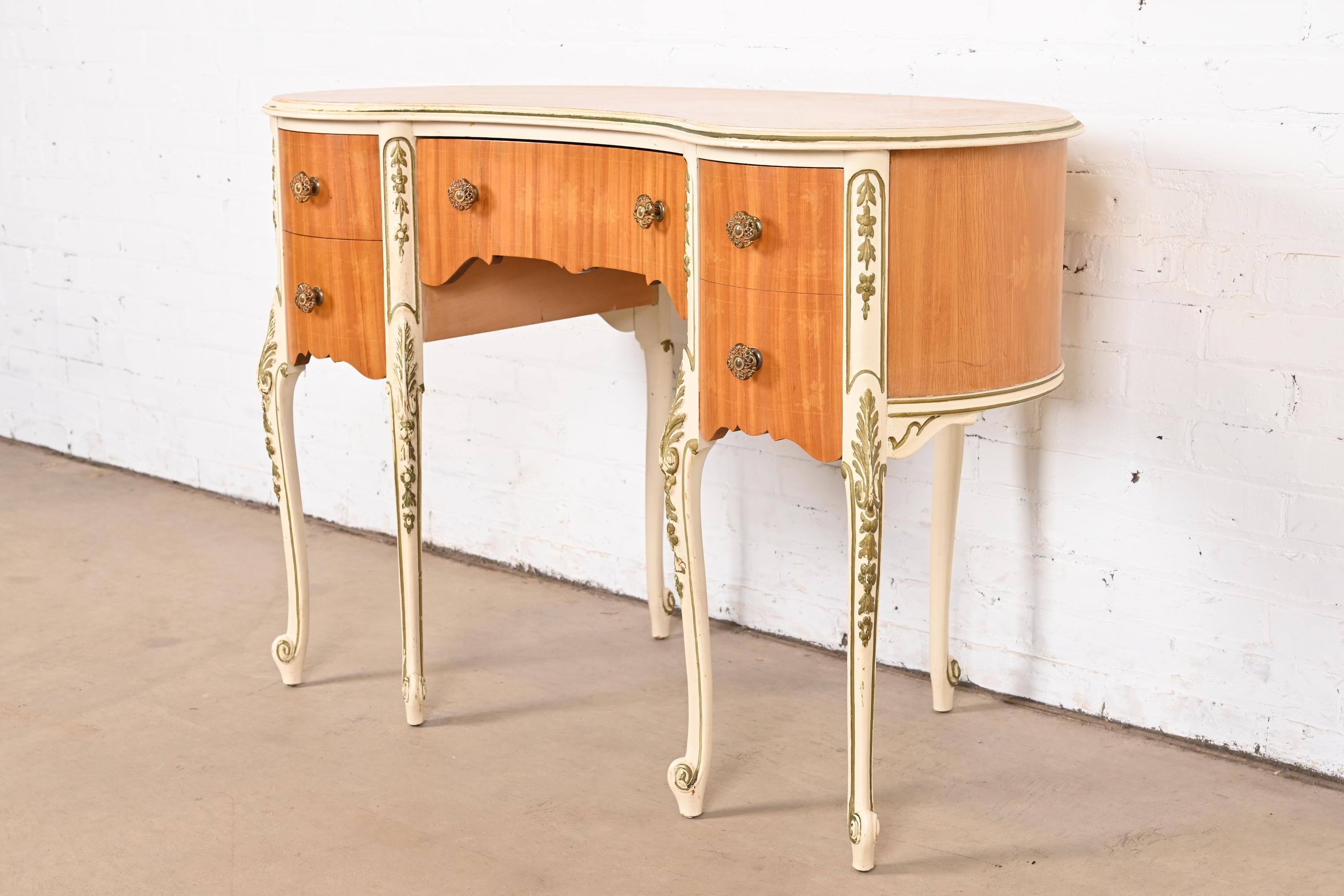 Mid-20th Century Romweber French Rococo Louis XV Satinwood Parcel Painted Kidney-Shaped Vanity