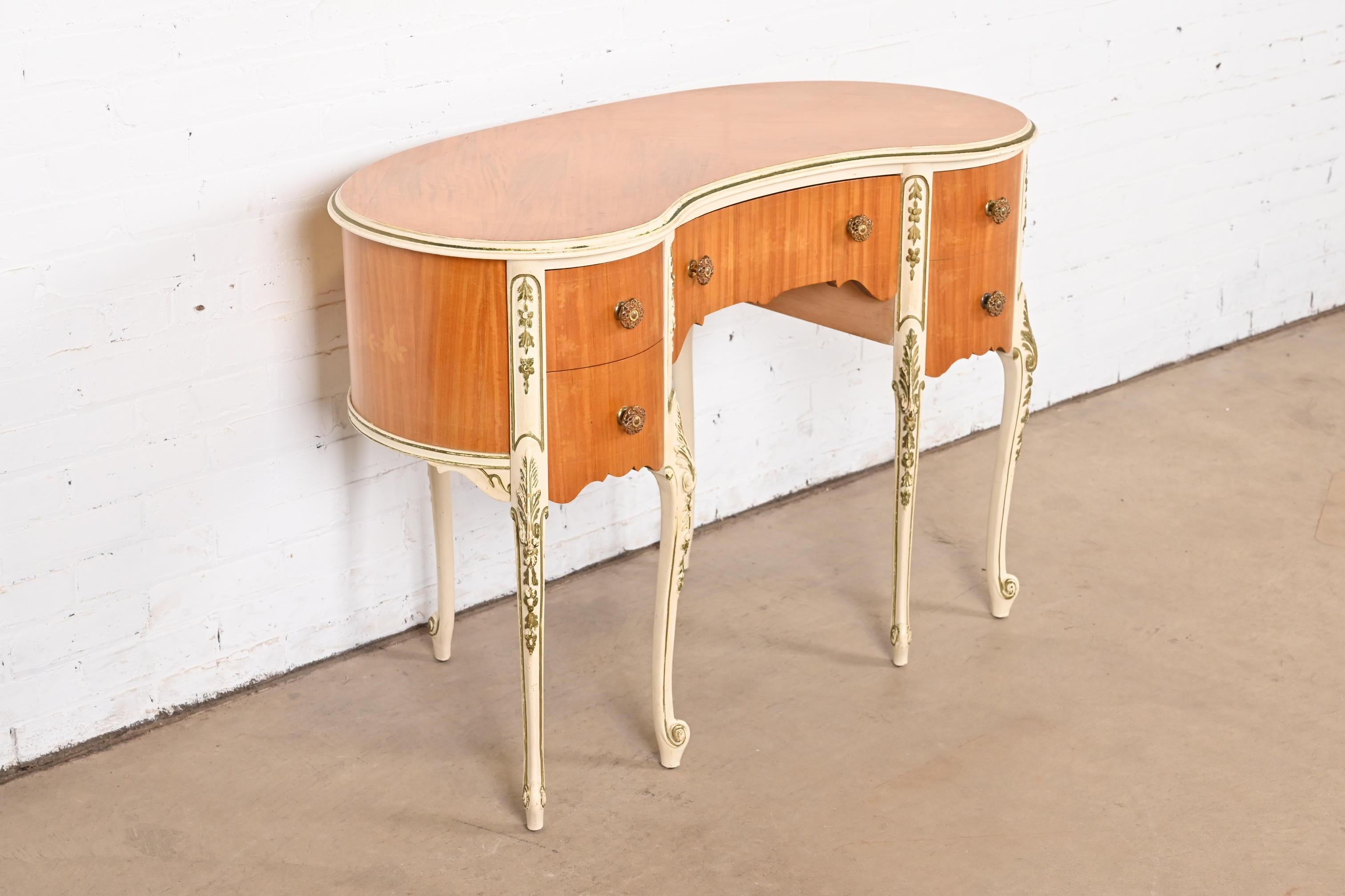 Brass Romweber French Rococo Louis XV Satinwood Parcel Painted Kidney-Shaped Vanity