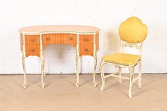 Romweber French Rococo Louis XV, coiffeuse et chaise peinte à la feuille