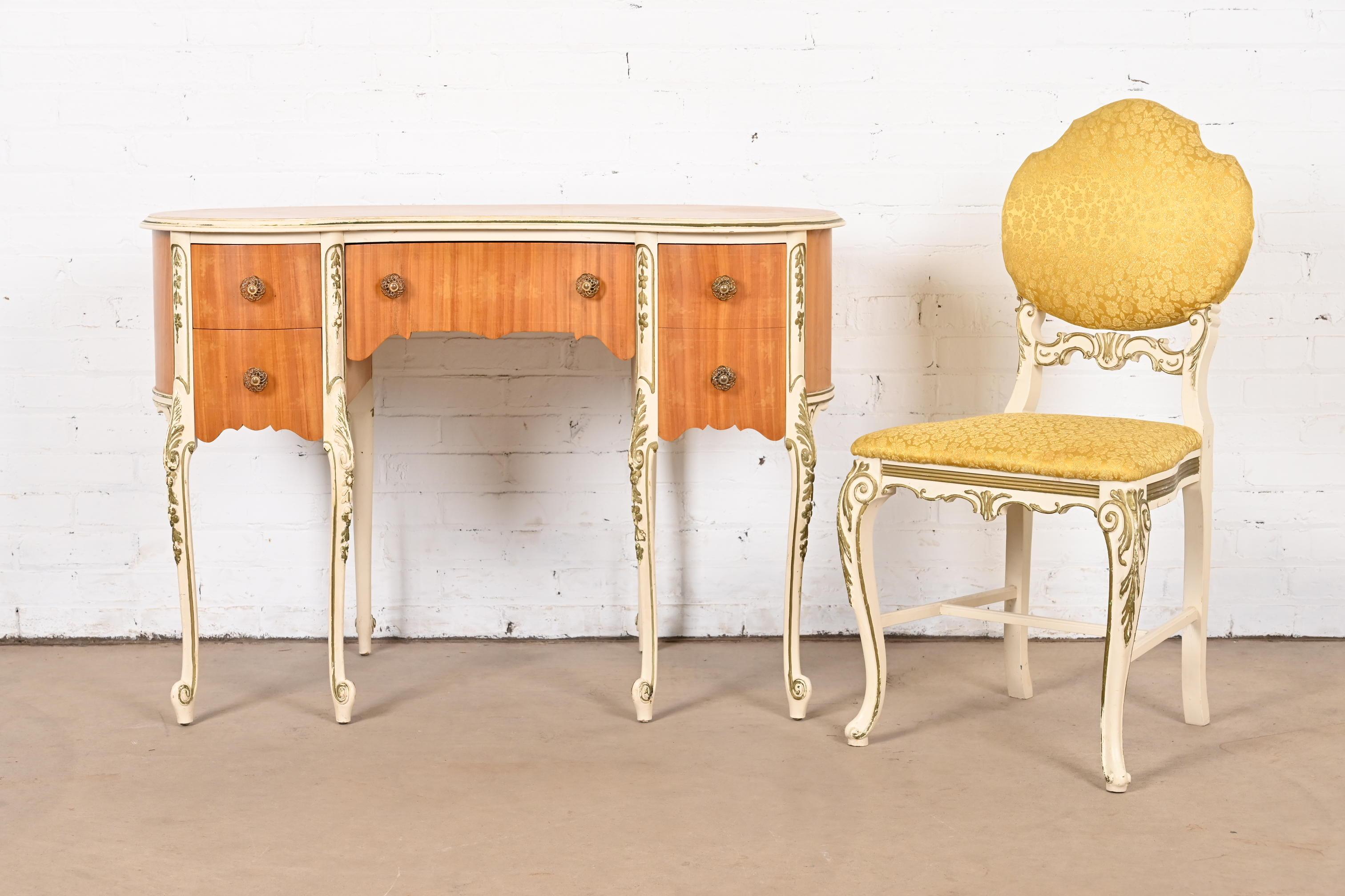 American Romweber French Rococo Louis XV Satinwood Parcel Painted Vanity and Chair