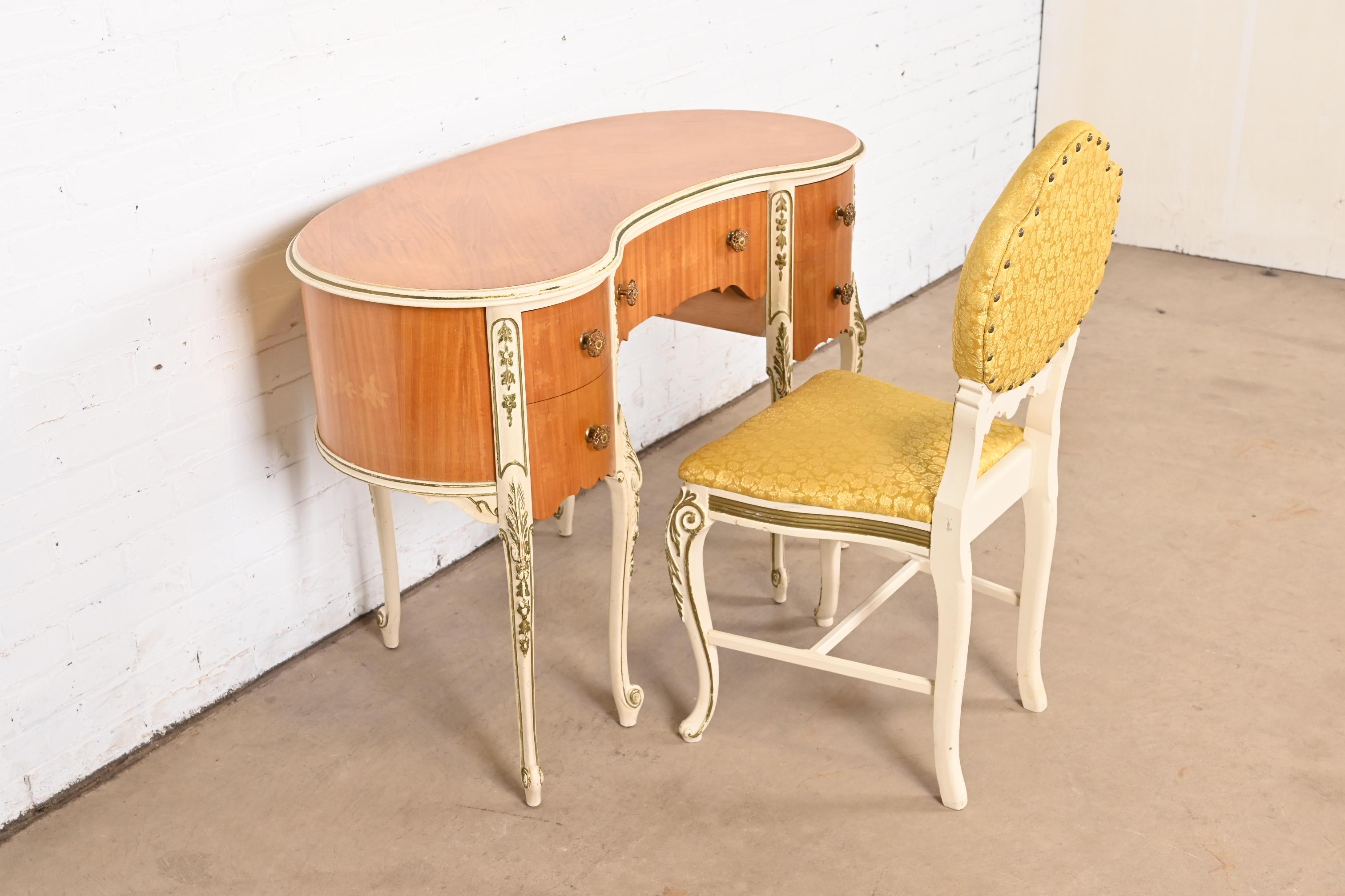 Mid-20th Century Romweber French Rococo Louis XV Satinwood Parcel Painted Vanity and Chair