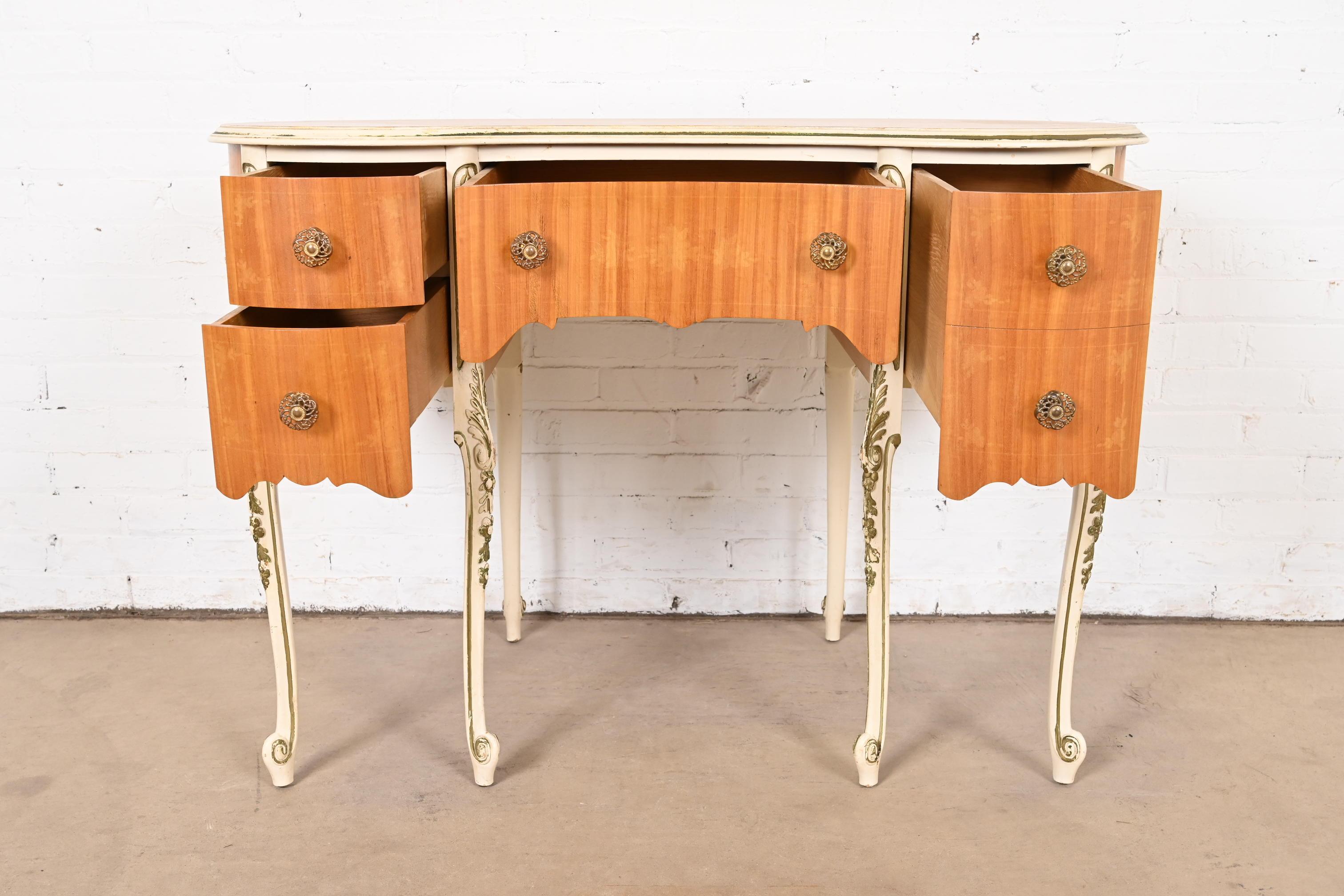 Brass Romweber French Rococo Louis XV Satinwood Parcel Painted Vanity and Chair