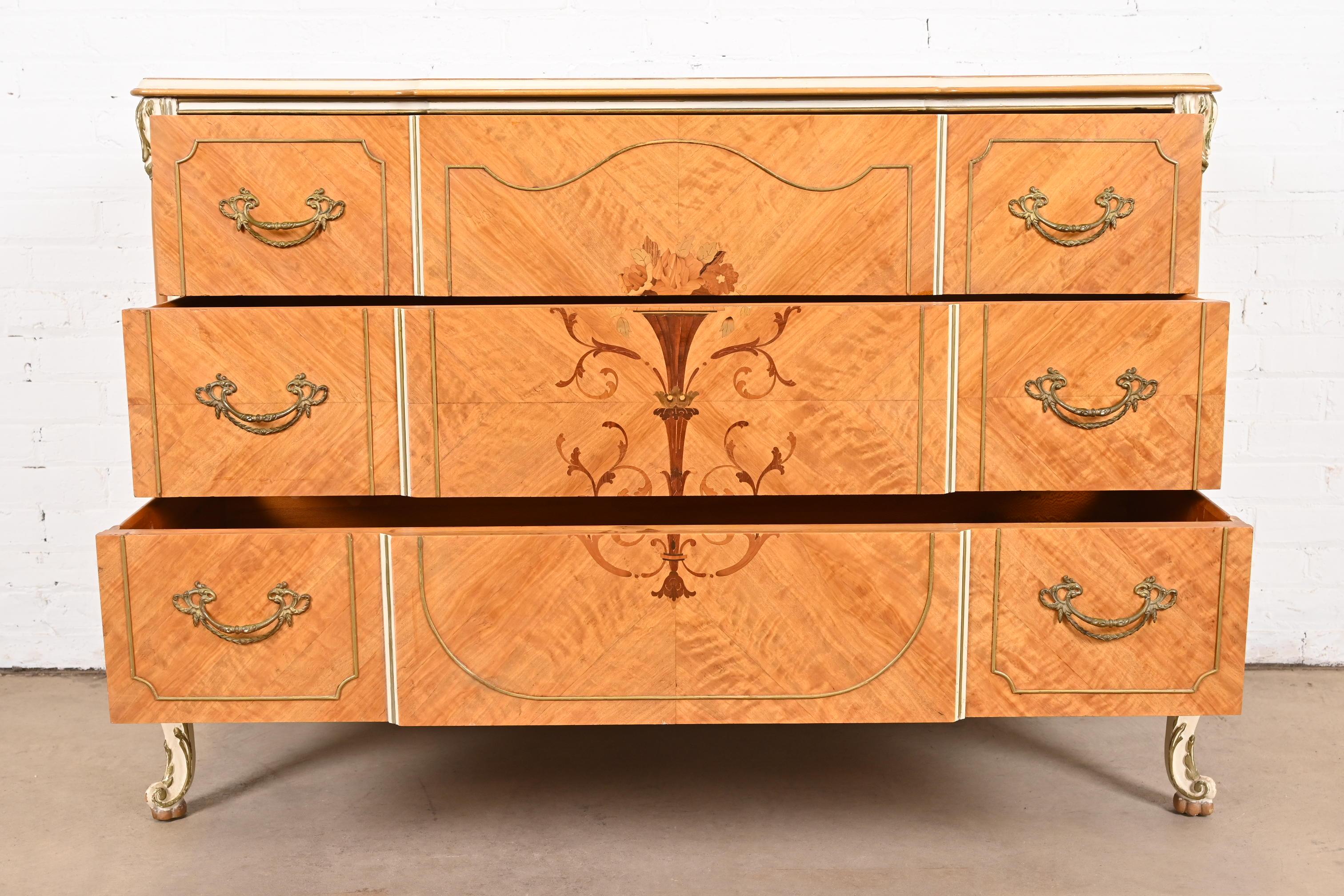 Romweber French Rococo Satinwood Inlaid Marquetry Parcel Painted Dresser, 1930s For Sale 4