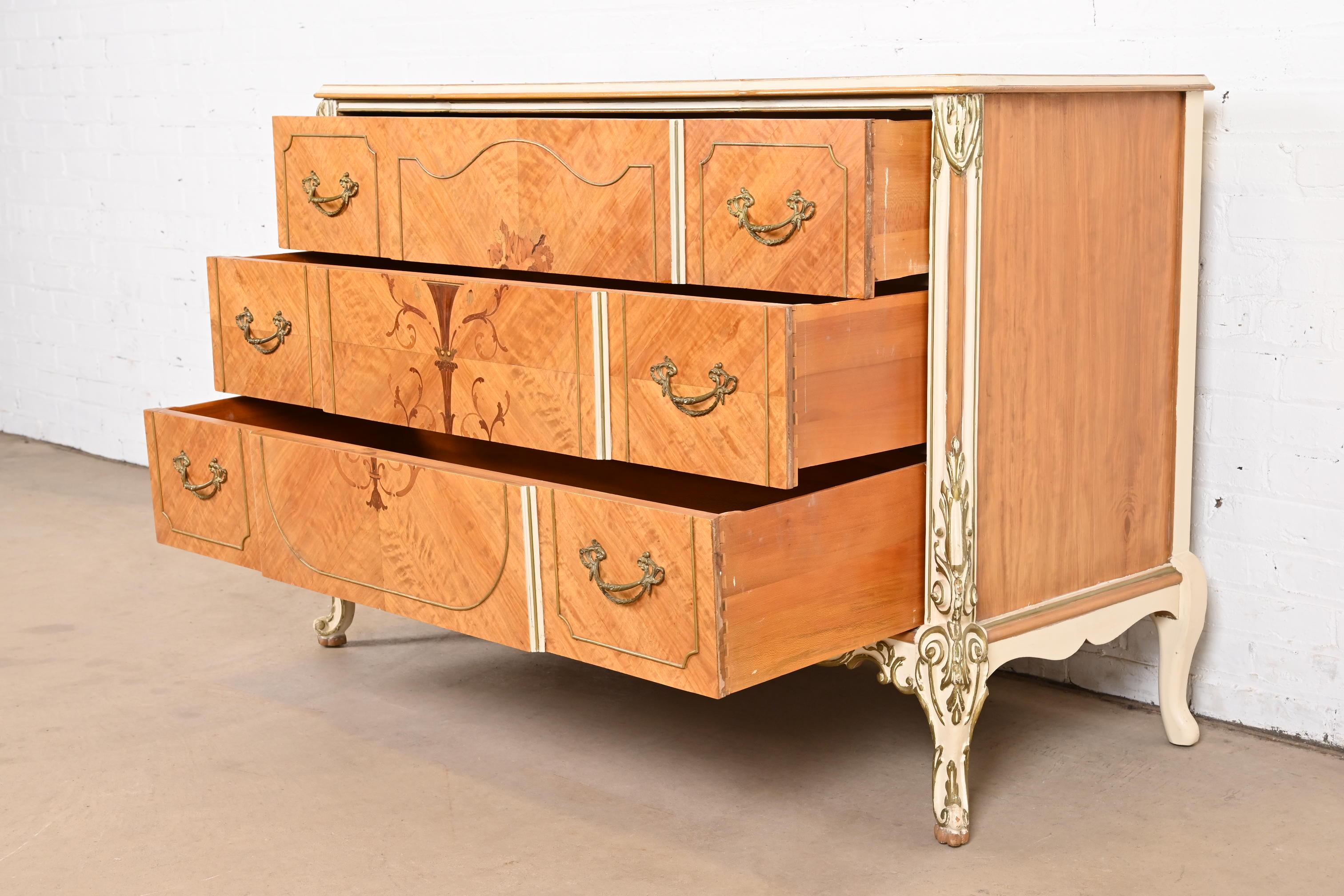 Romweber French Rococo Satinwood Inlaid Marquetry Parcel Painted Dresser, 1930s For Sale 5
