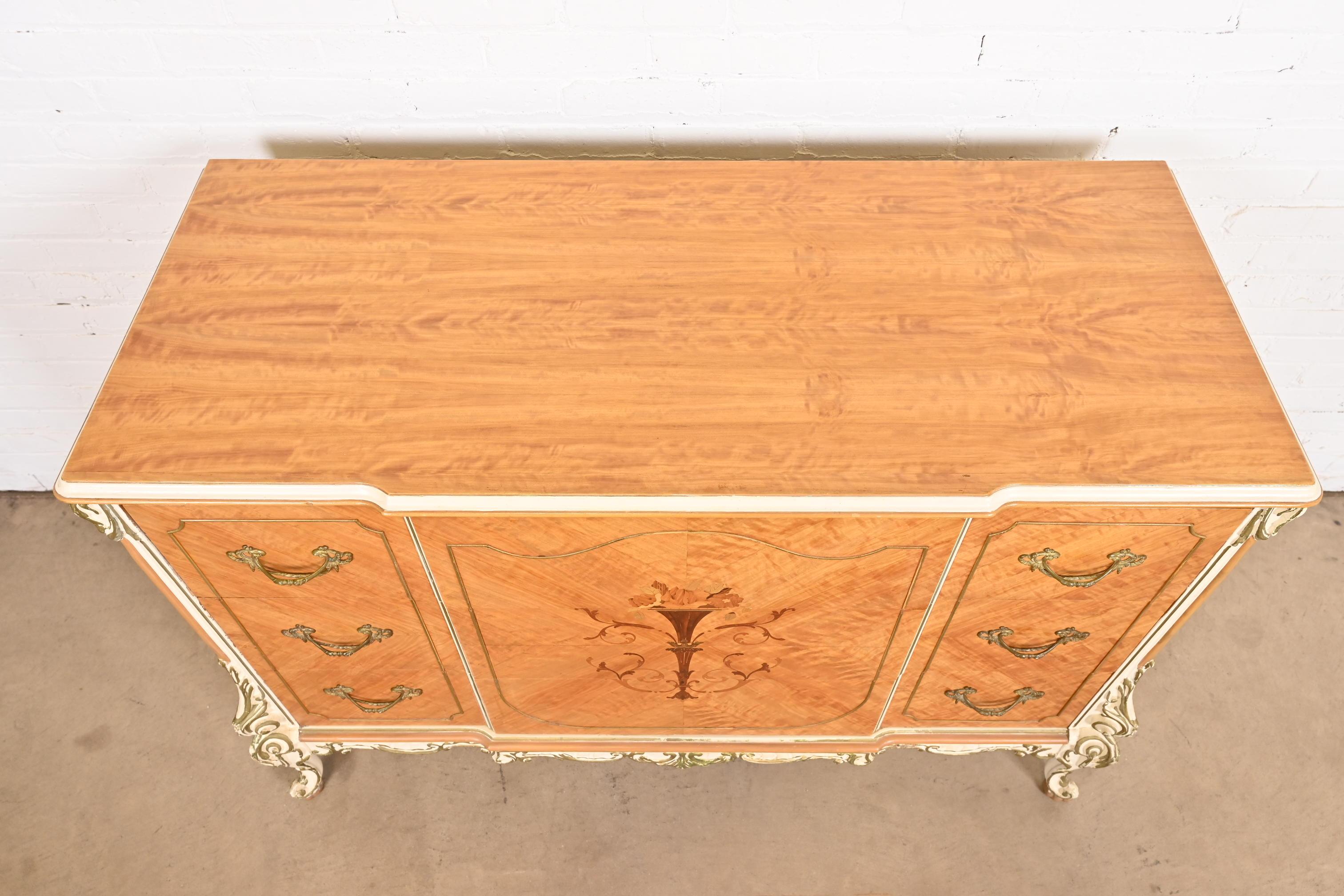 Romweber French Rococo Satinwood Inlaid Marquetry Parcel Painted Dresser, 1930s For Sale 7