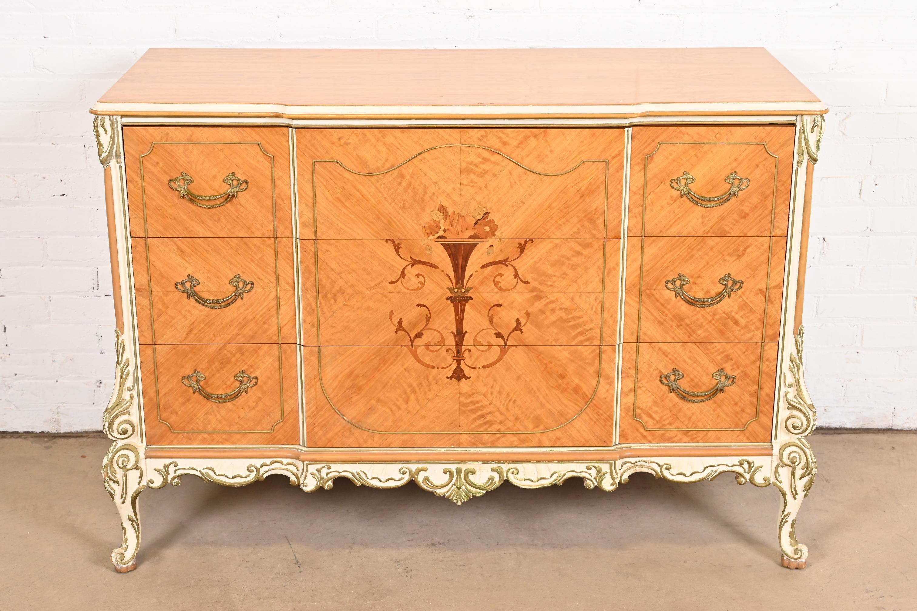 Louis XV Romweber French Rococo Satinwood Inlaid Marquetry Parcel Painted Dresser, 1930s For Sale