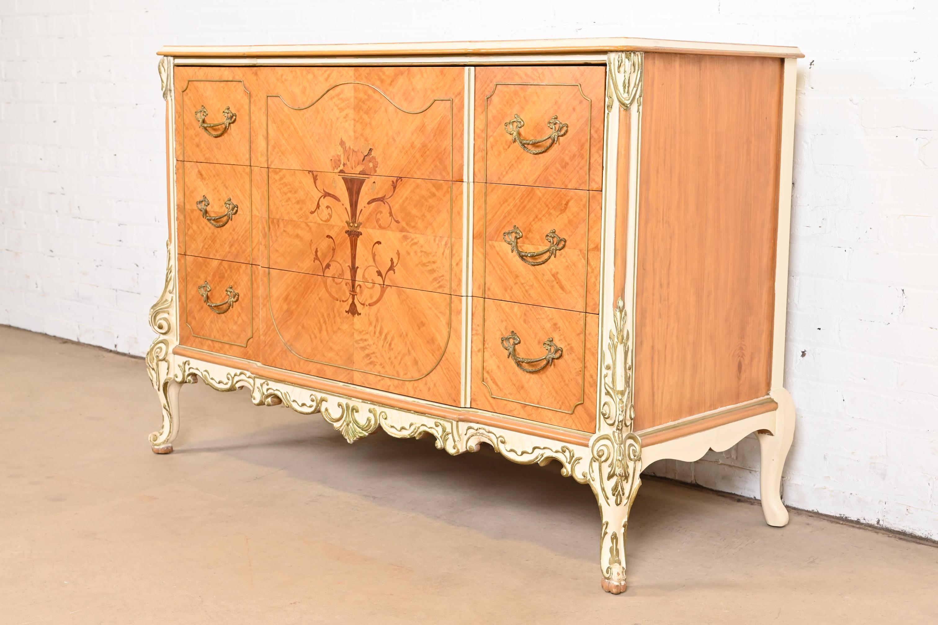 American Romweber French Rococo Satinwood Inlaid Marquetry Parcel Painted Dresser, 1930s For Sale