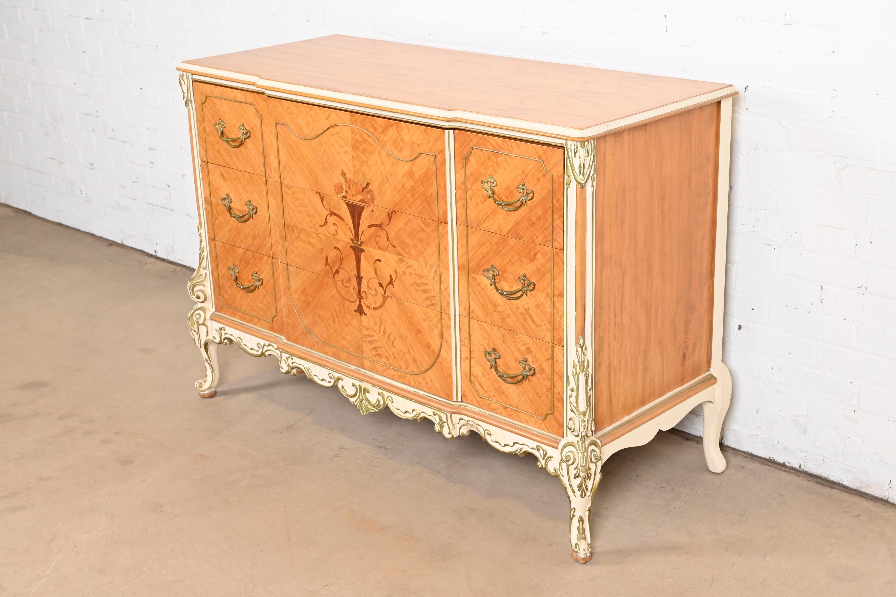 Romweber French Rococo Satinwood Inlaid Marquetry Parcel Painted Dresser, 1930s In Good Condition For Sale In South Bend, IN