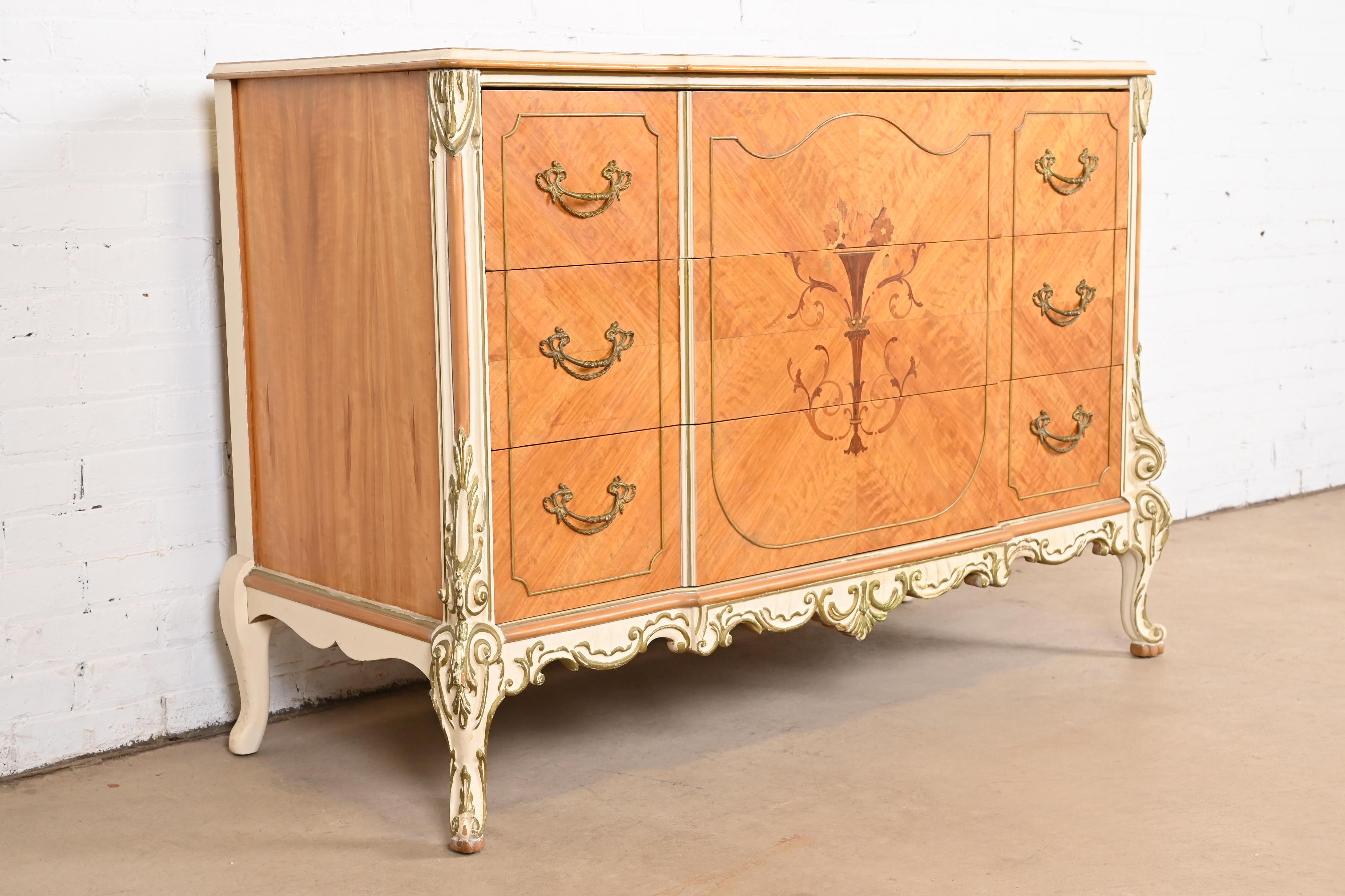 Mid-20th Century Romweber French Rococo Satinwood Inlaid Marquetry Parcel Painted Dresser, 1930s For Sale