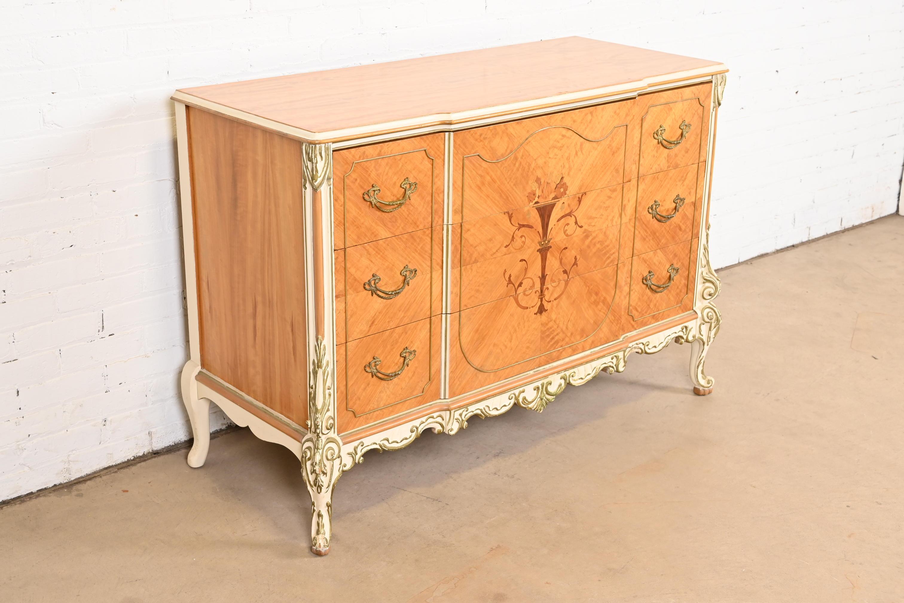 Brass Romweber French Rococo Satinwood Inlaid Marquetry Parcel Painted Dresser, 1930s For Sale