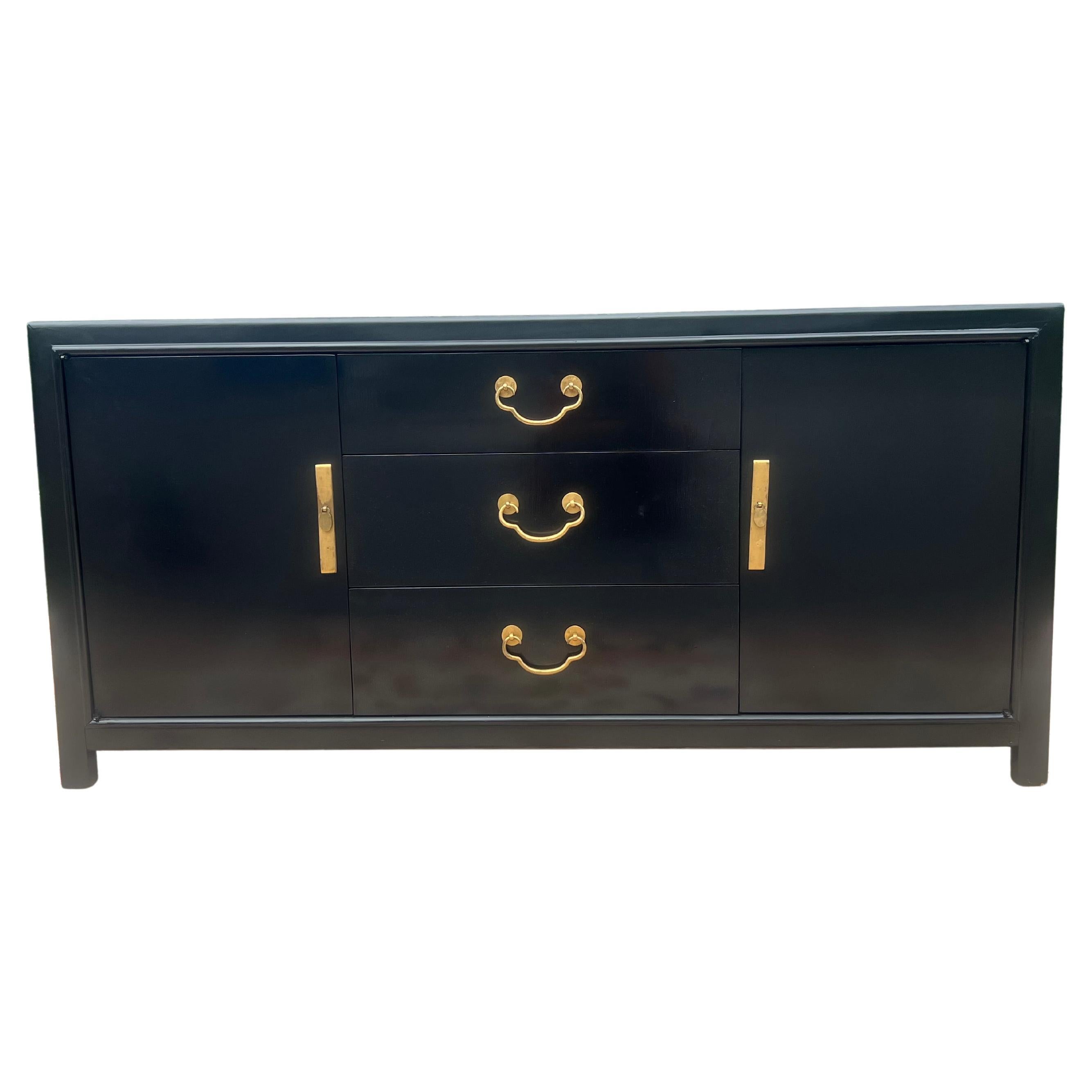 Romweber Hollywood Regency Chinoiserie Black Lacquered Credenza, Refinished