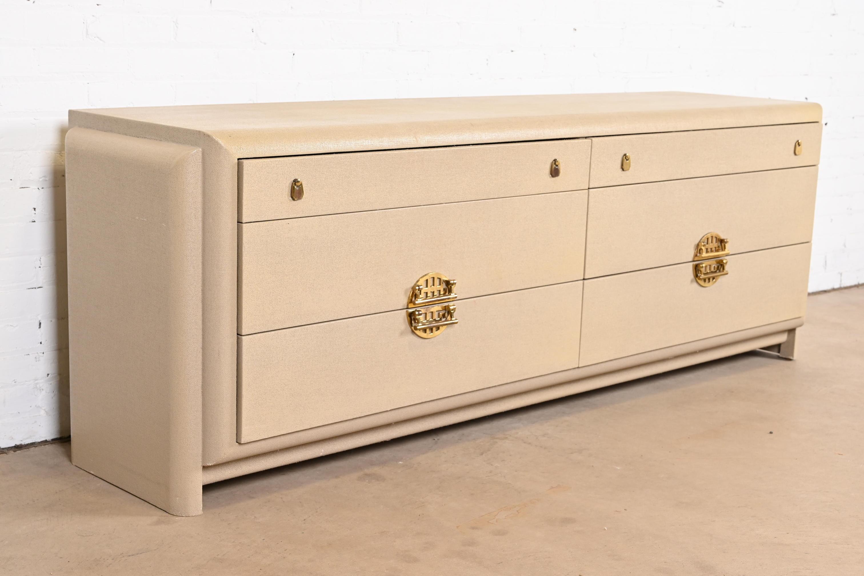 American Romweber Hollywood Regency Chinoiserie Lacquered Grasscloth Dresser or Credenza For Sale