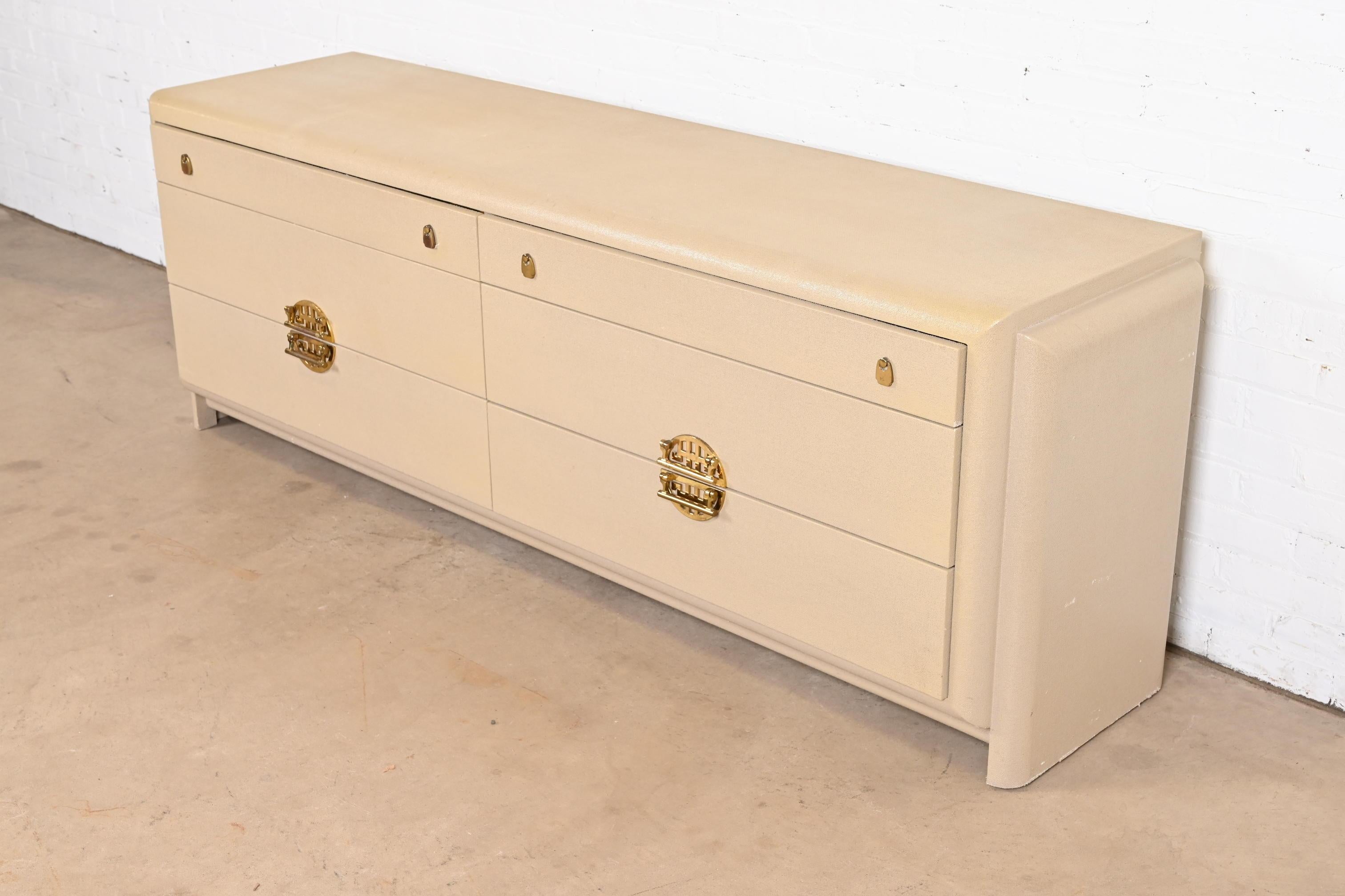 Brass Romweber Hollywood Regency Chinoiserie Lacquered Grasscloth Dresser or Credenza For Sale