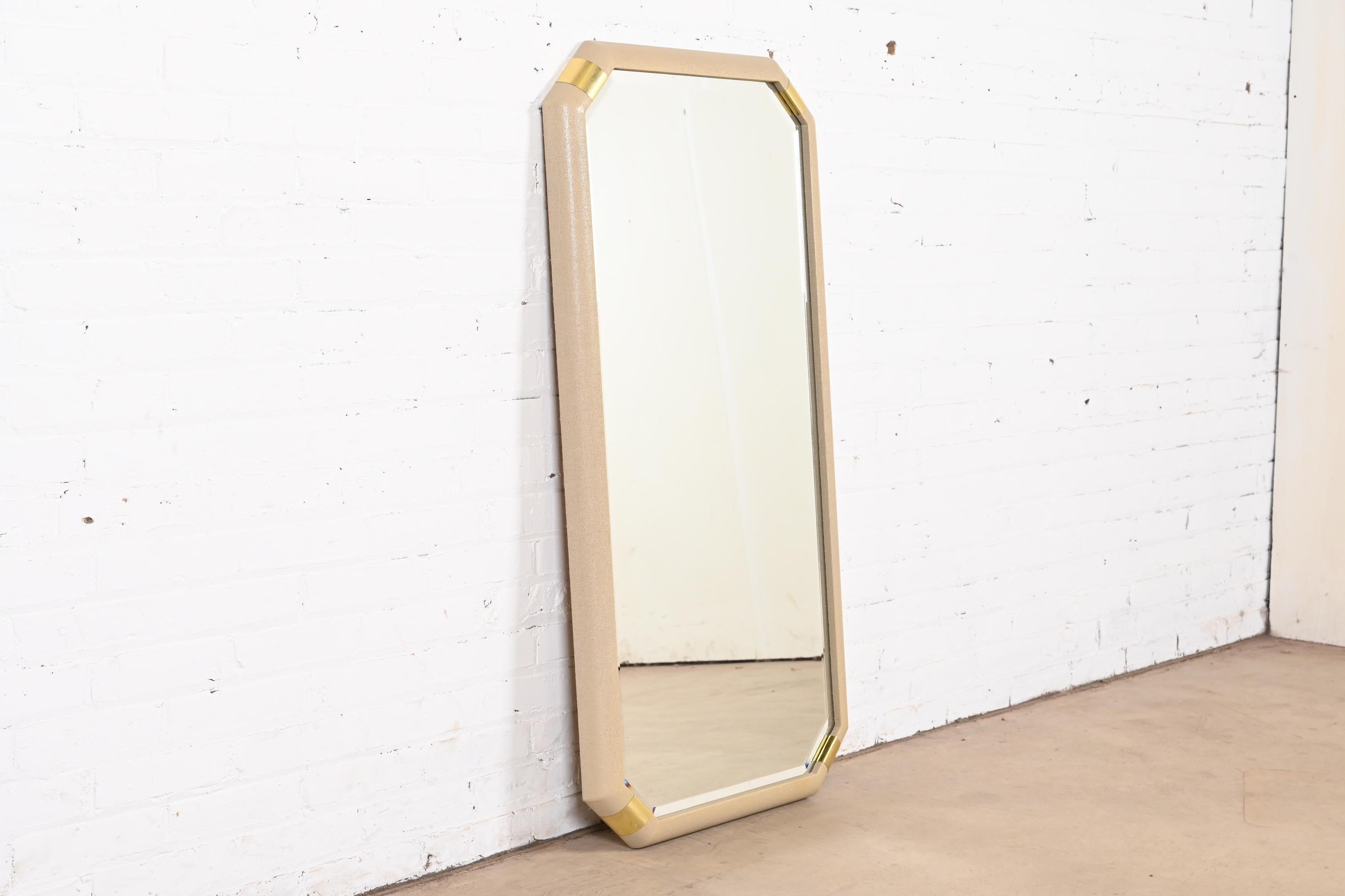 American Romweber Hollywood Regency Lacquered Grasscloth and Brass Wall Mirror For Sale