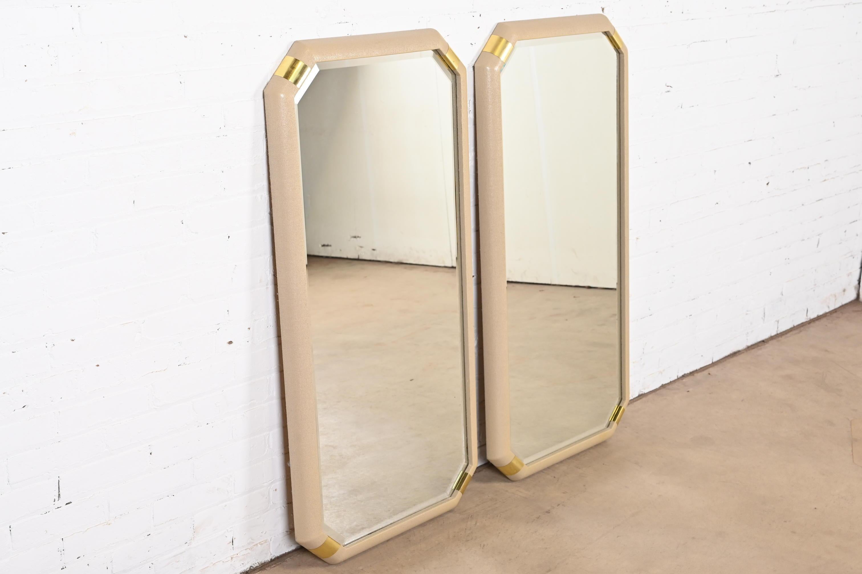 American Romweber Hollywood Regency Lacquered Grasscloth and Brass Wall Mirrors, Pair For Sale