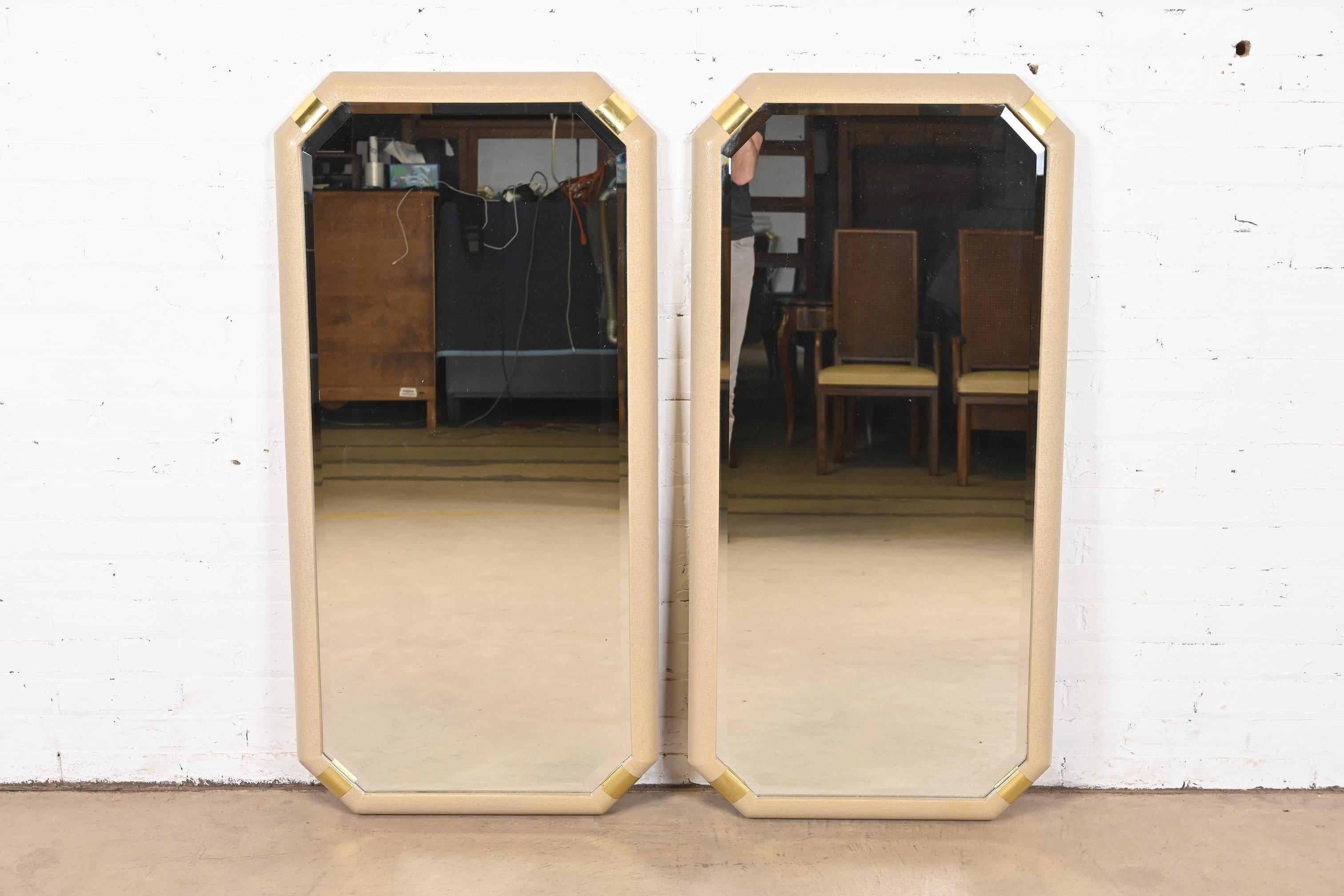 Romweber Hollywood Regency Lacquered Grasscloth and Brass Wall Mirrors, Pair In Good Condition For Sale In South Bend, IN