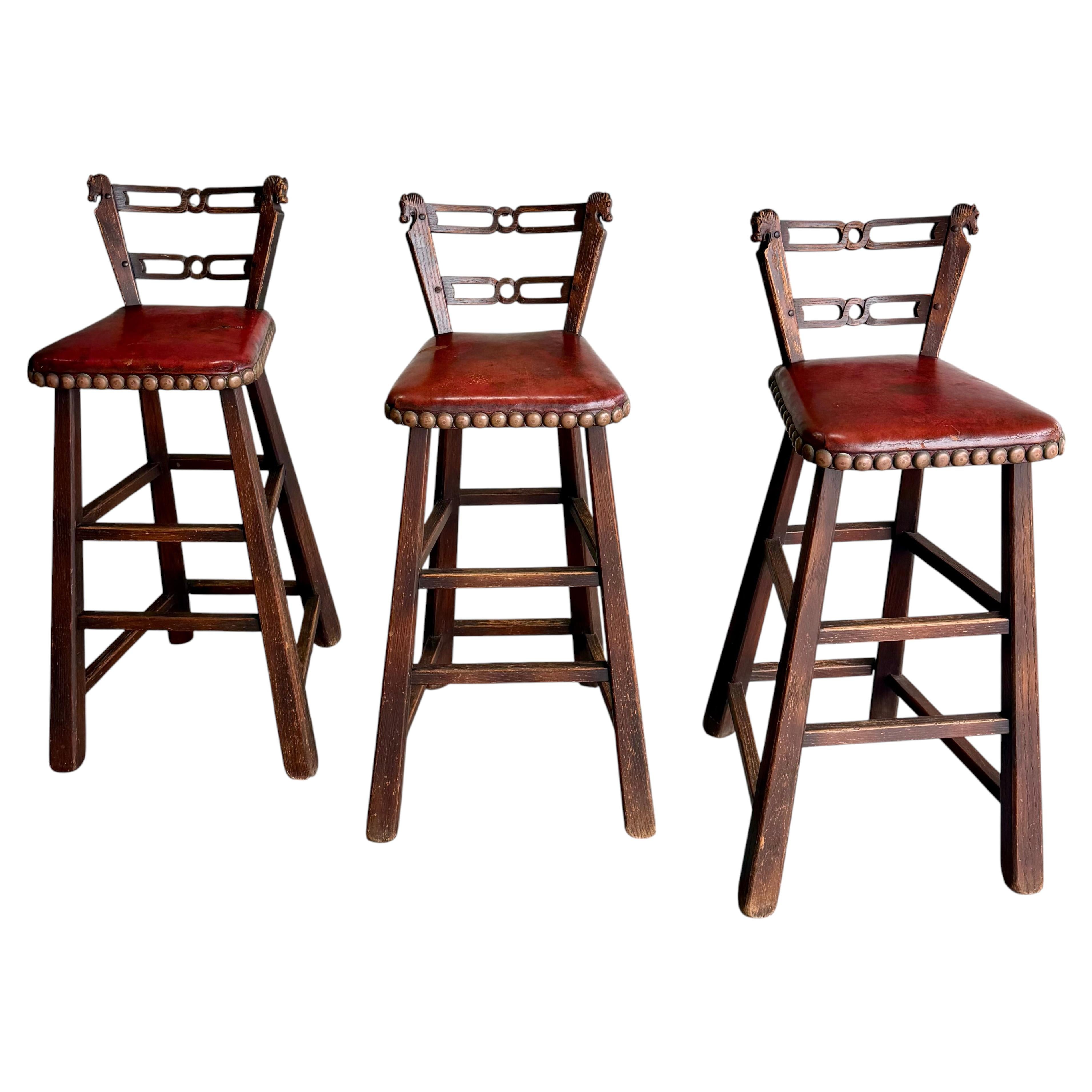 Romweber Horse Head Brutalist Oak and Leather Bar Stools, Set of 3 For Sale