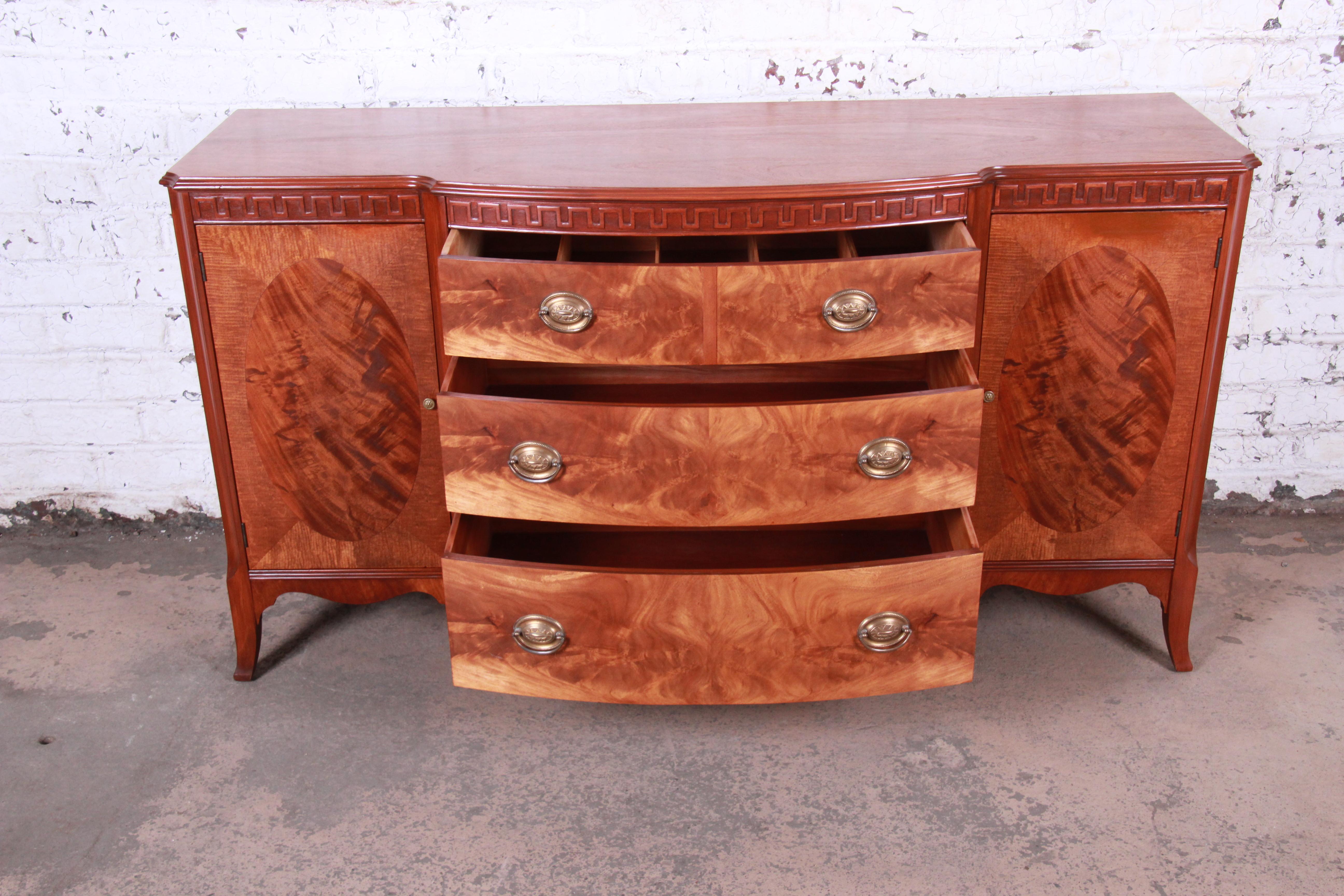 Romweber Mahogany and Burl Sideboard Credenza or Bar Cabinet, Newly Refinished 4