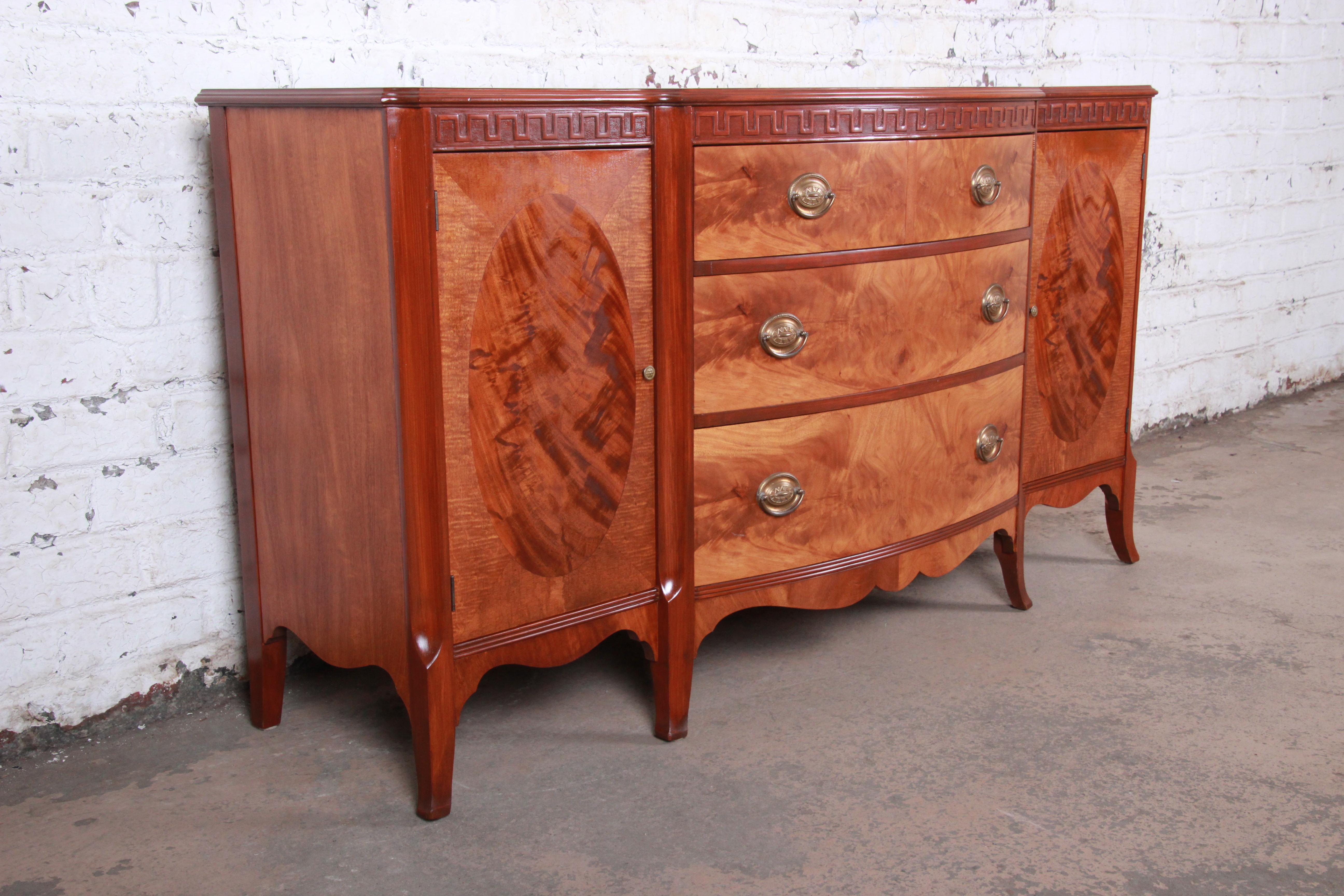 French Provincial Romweber Mahogany and Burl Sideboard Credenza or Bar Cabinet, Newly Refinished