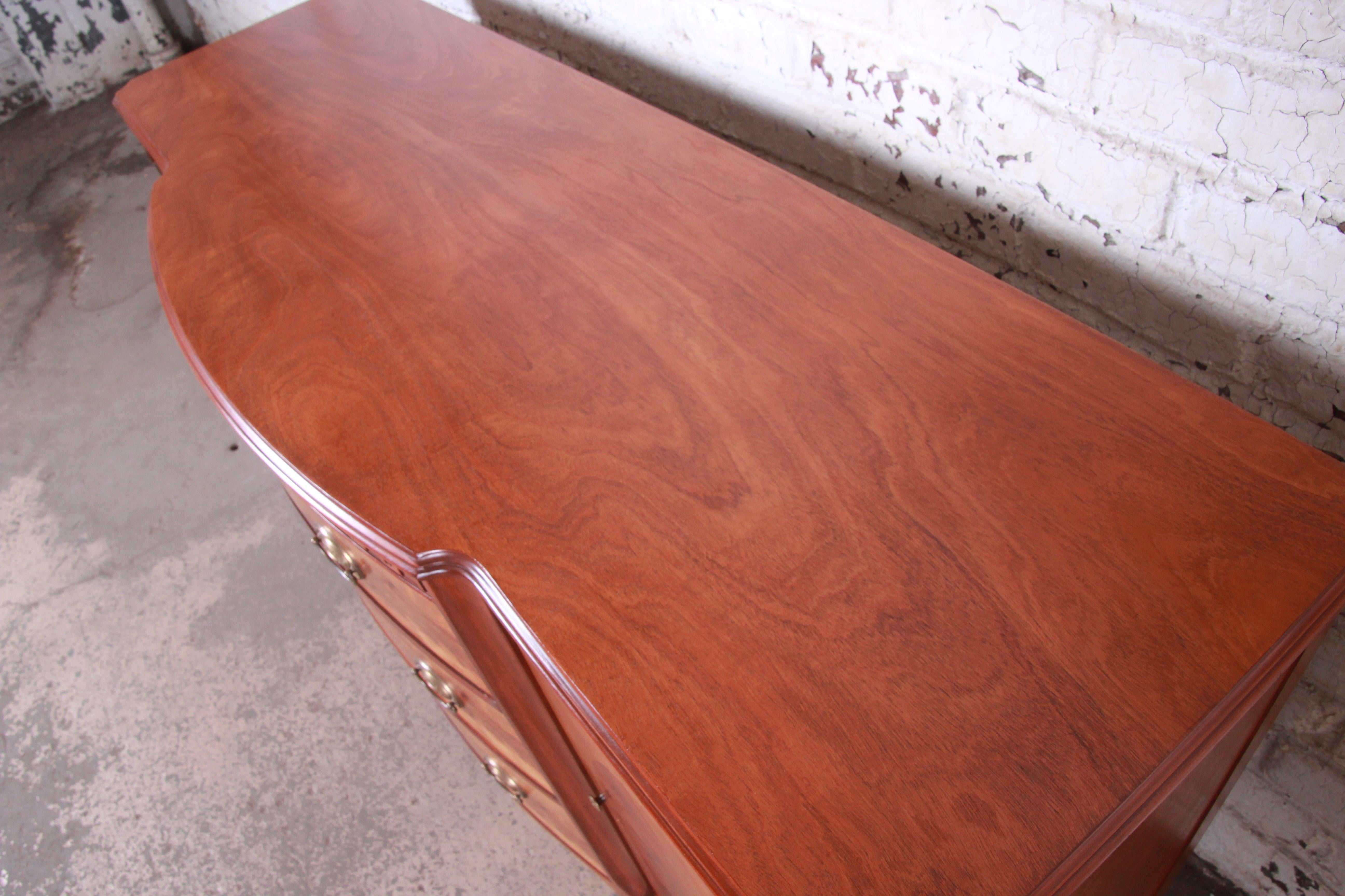 Romweber Mahogany and Burl Sideboard Credenza or Bar Cabinet, Newly Refinished In Good Condition In South Bend, IN