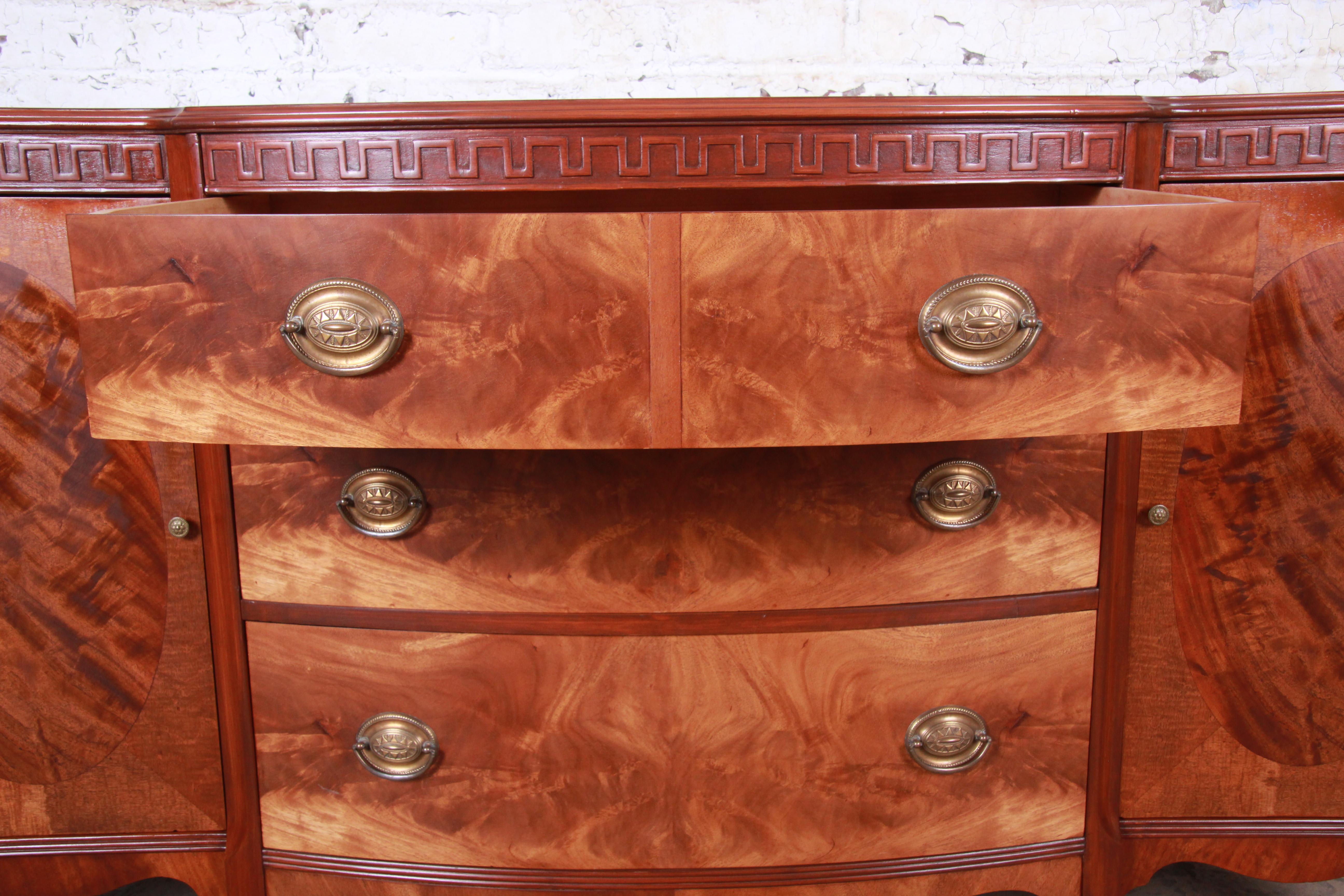 Brass Romweber Mahogany and Burl Sideboard Credenza or Bar Cabinet, Newly Refinished
